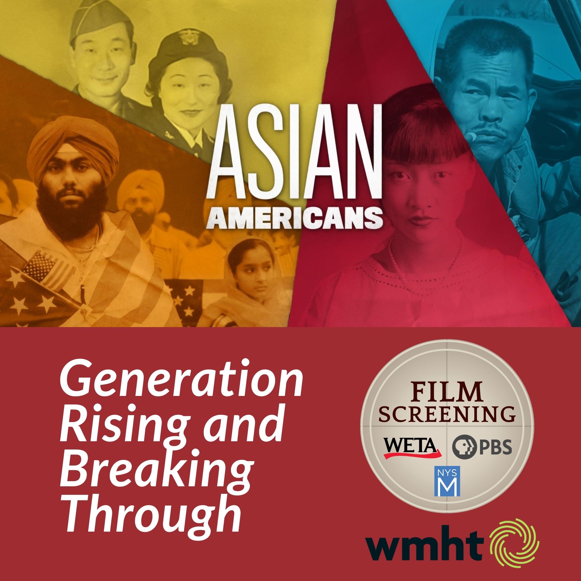 Collage of images representing Asian Americans with title graphics and "film screening" logo