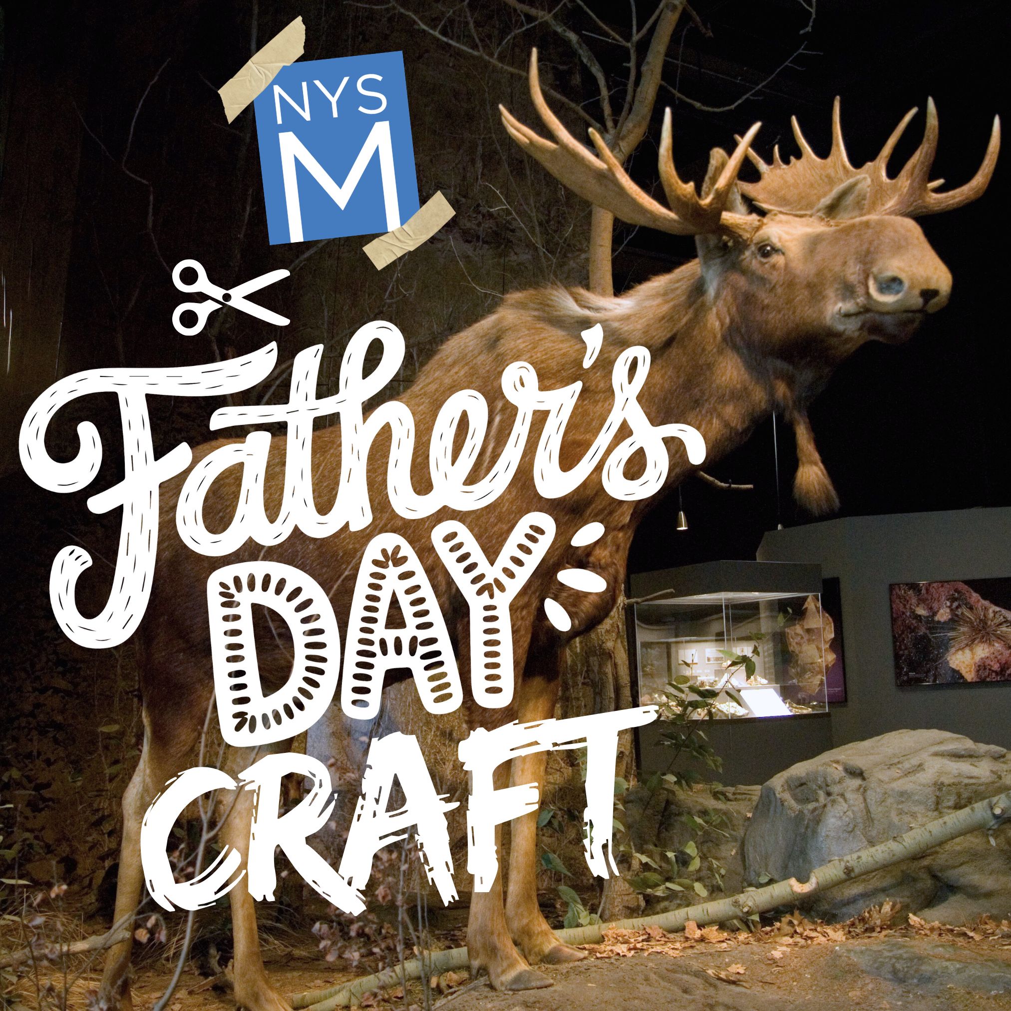 photo of taxidermy moose with NYSM logo and title text, "Father's Day Craft"