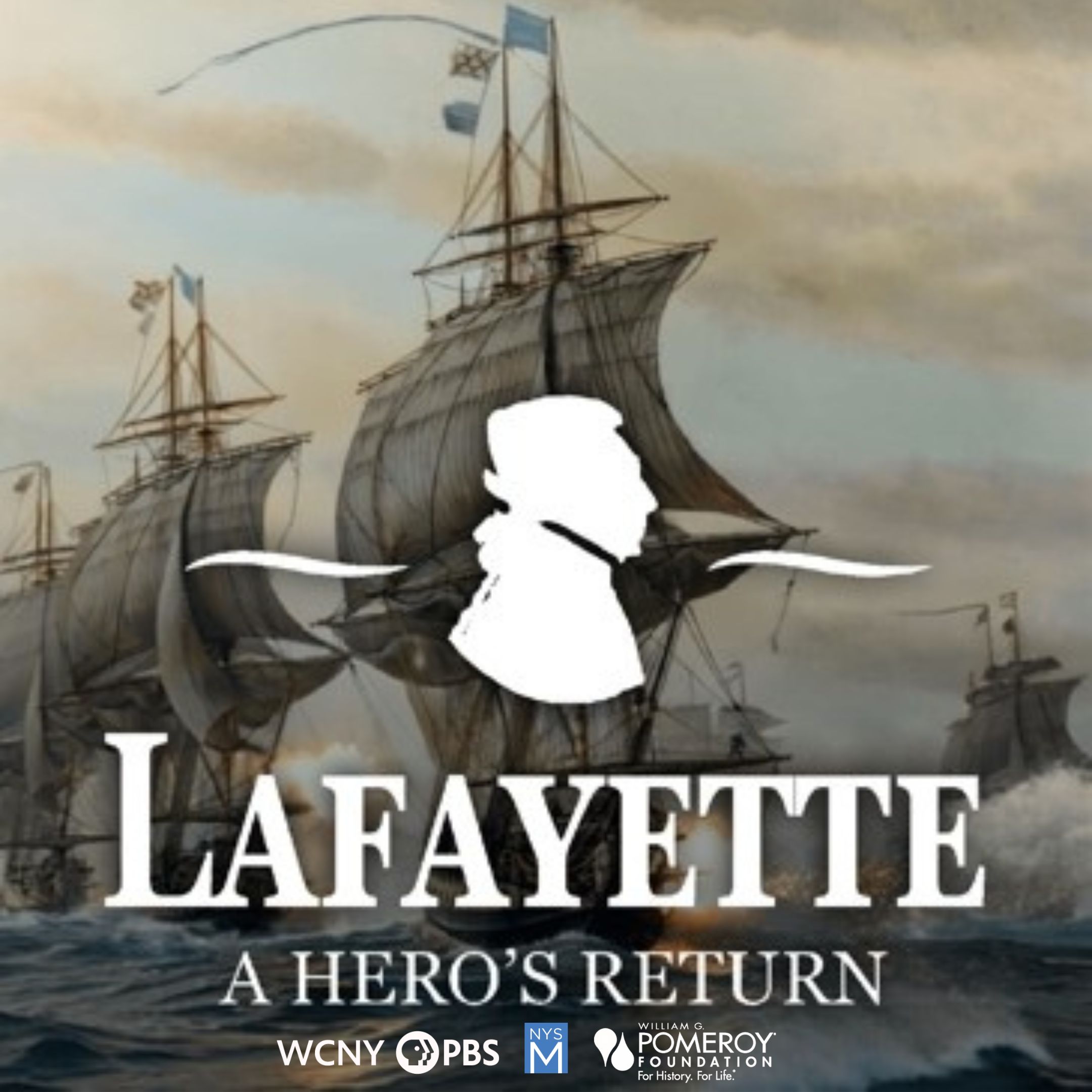 Silhouette of a man's profile over title text, with three 18th Century ships in the background