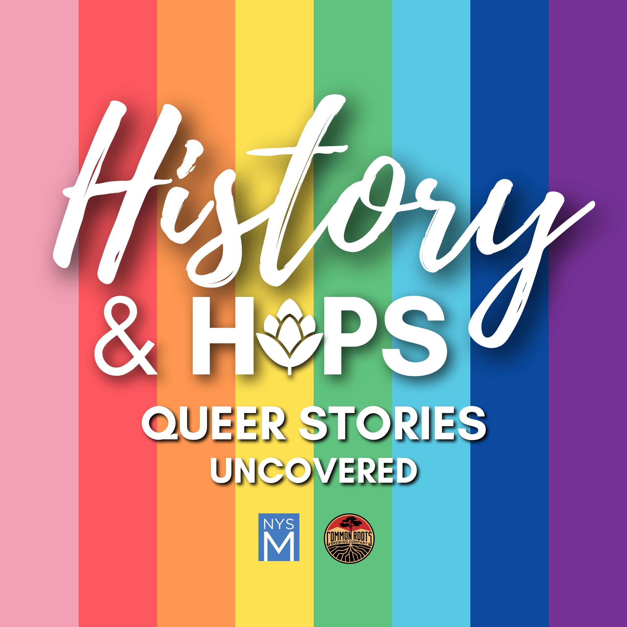 Title graphics, NYSM & Common Grounds Logos over a vertical rainbow-striped background