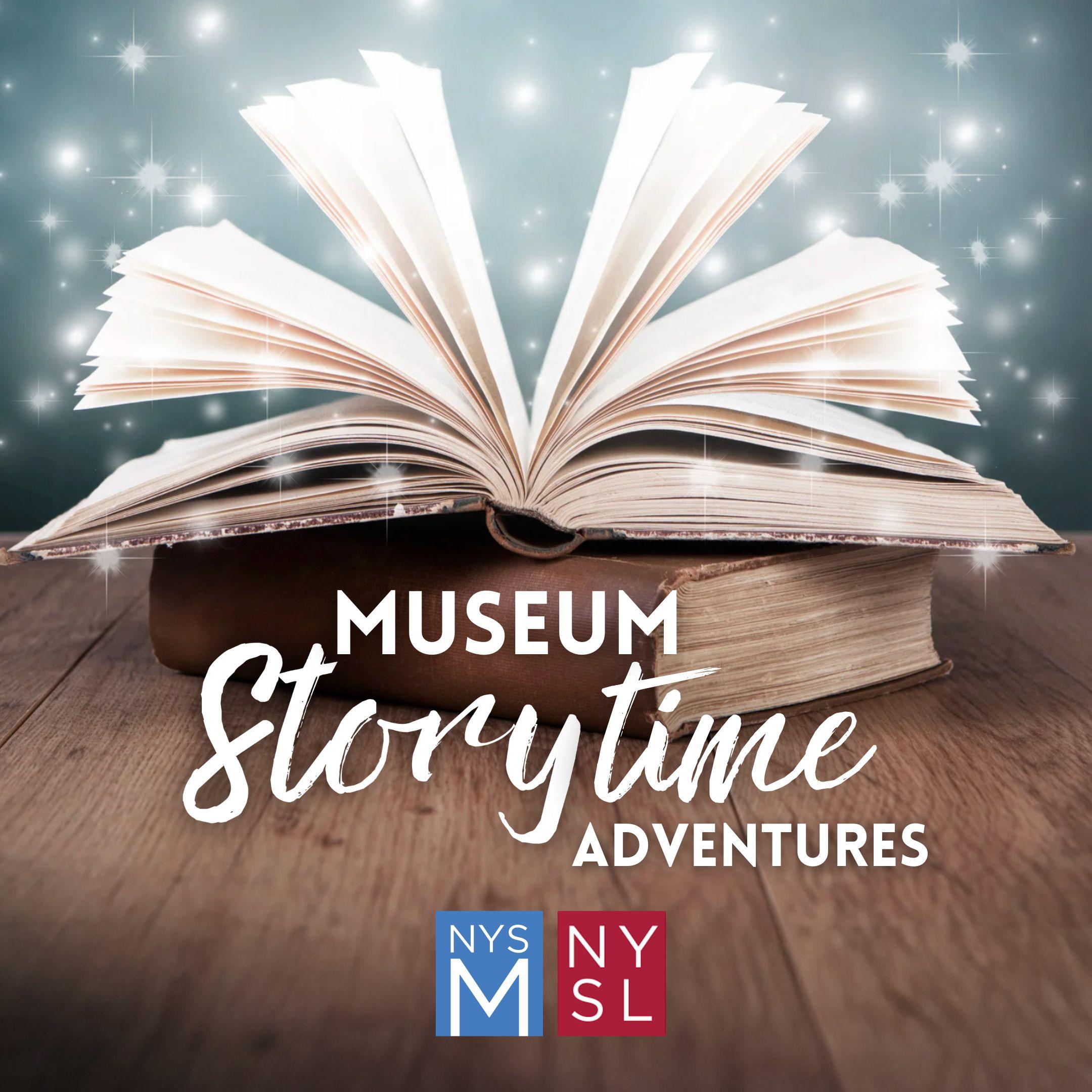 A book with sparkles coming out with the words Museum Storytime adventures