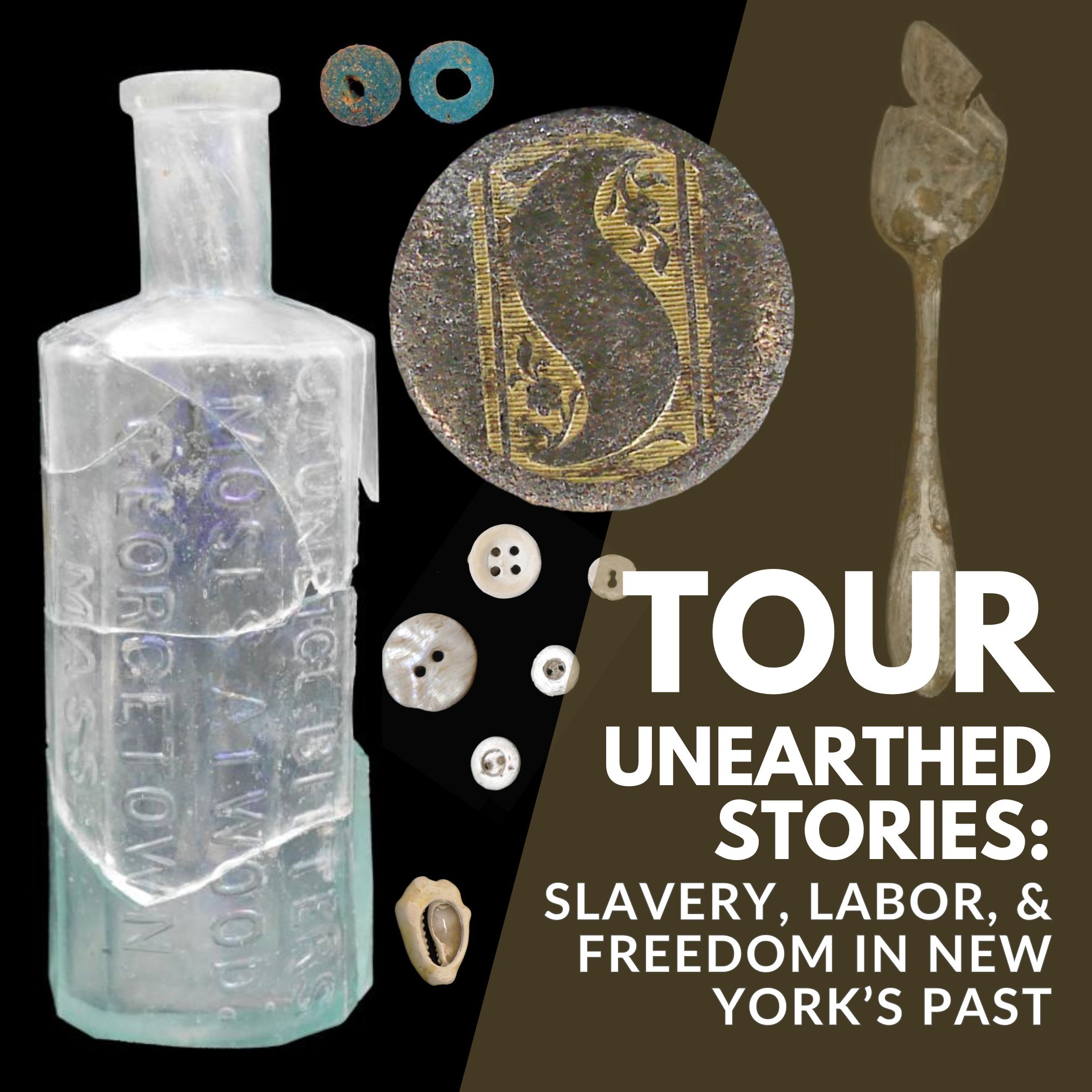Title graphics with images of recovered objects including a glass bottle, blue beads, buttons, a cowry shell, and a spoon