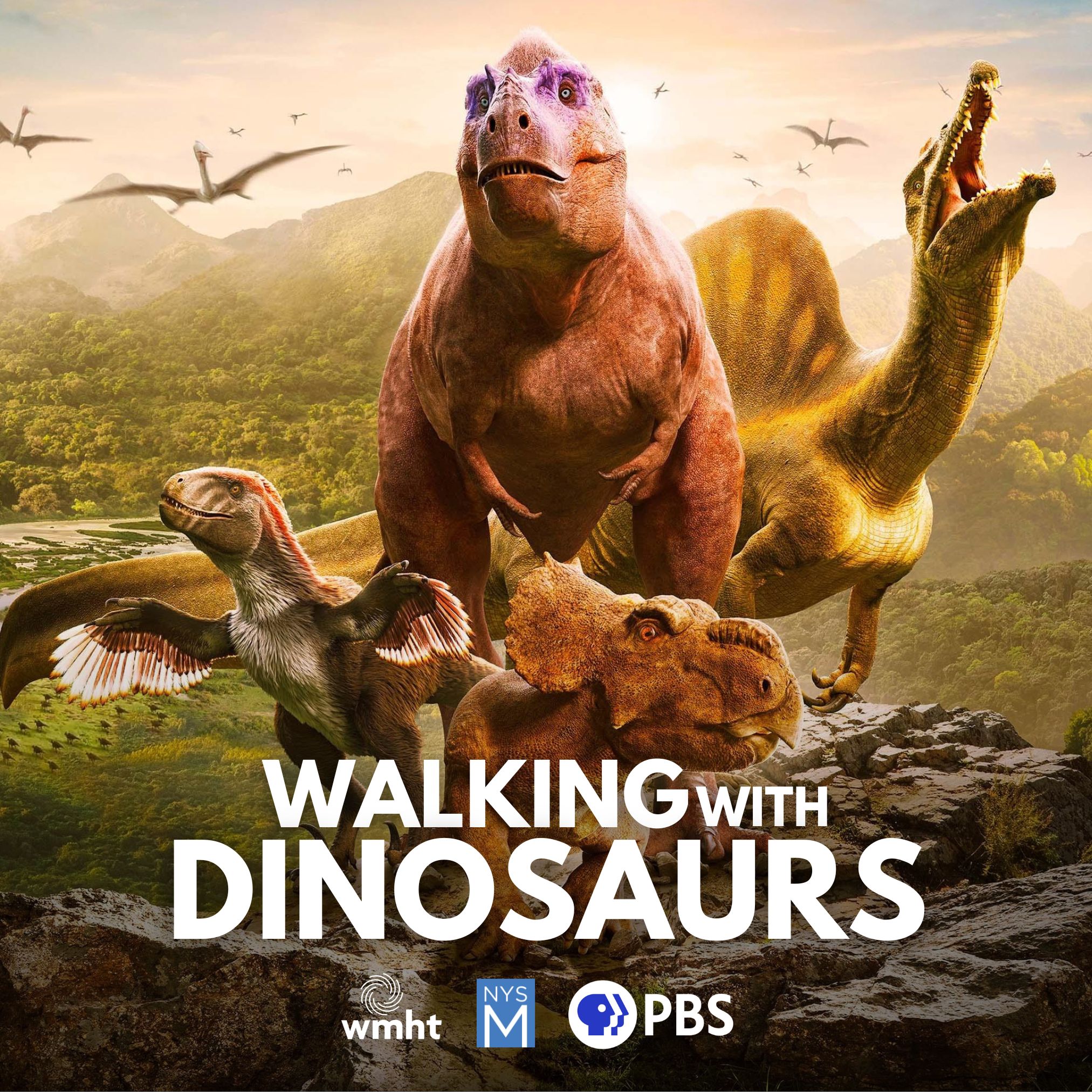 Walking with Dinosaurs text over an artistic image of four dinosaurs in an ancient setting with Pterosaurs flying in the background