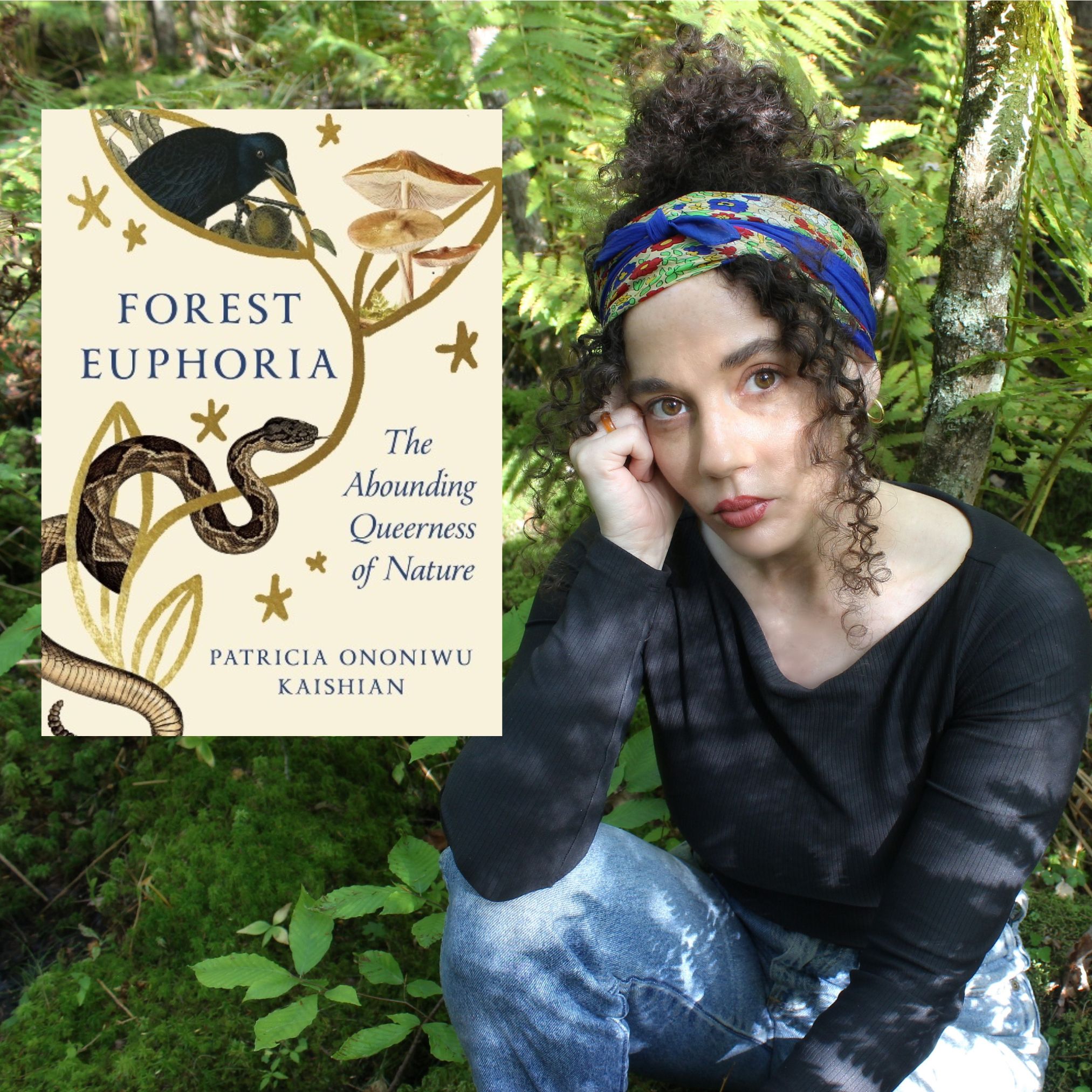 photo of Patricia Kaishian in a forest setting and the cover of her book, Forest Euphoria