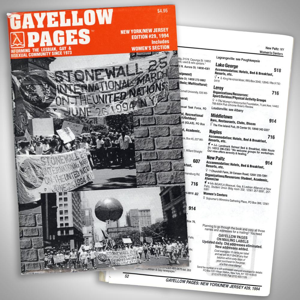 Cover and inside page from the Gayellow Pages
