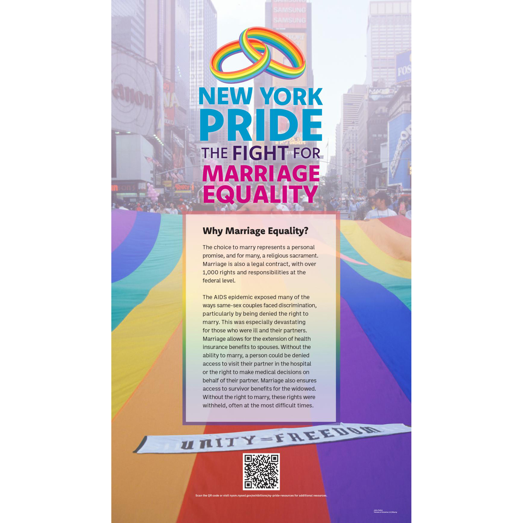 Exhibition Title Panel including a description of the exhibition over a photograph of a pride parade and a giant rainbow flag