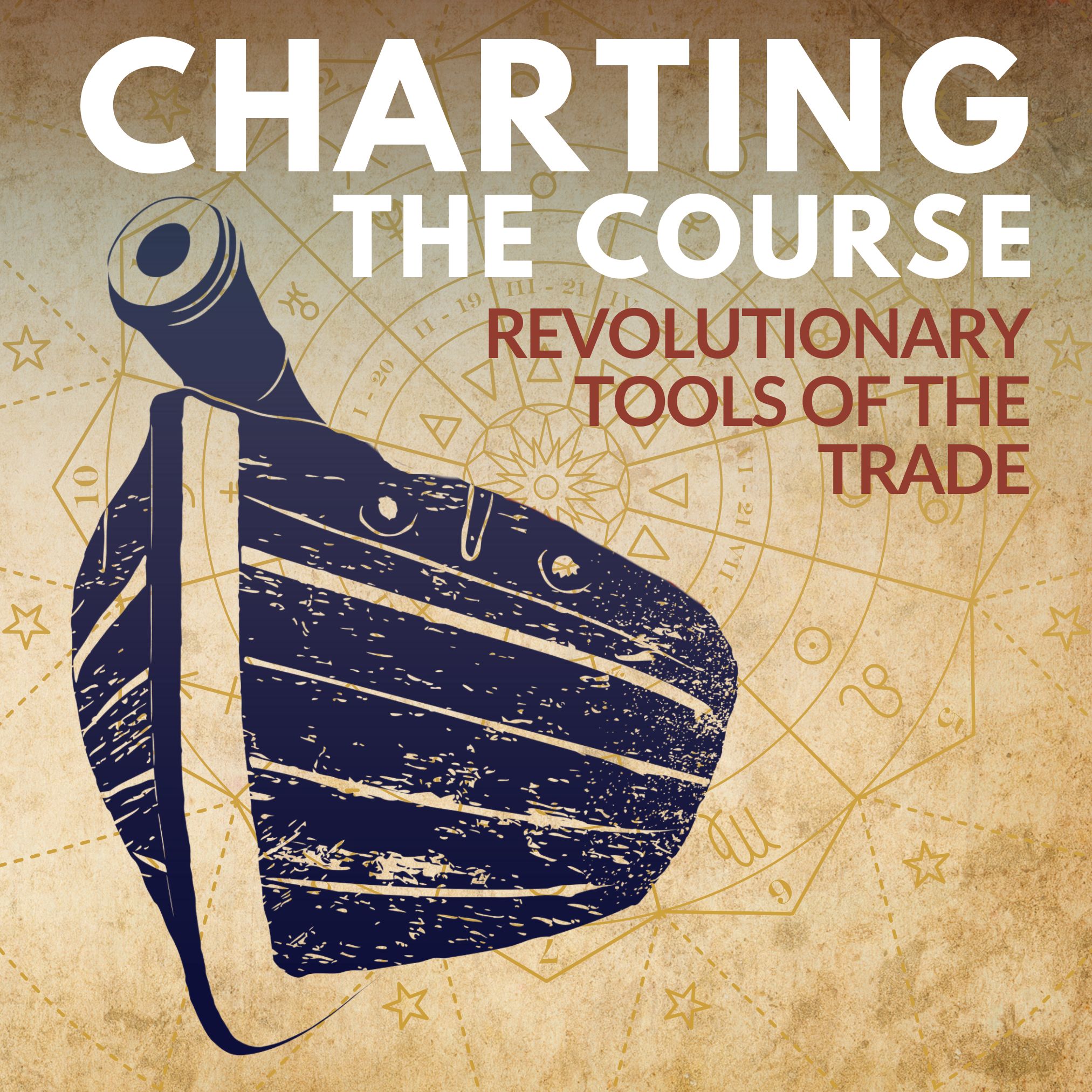 Title text with a graphic image of a boat and star navigation