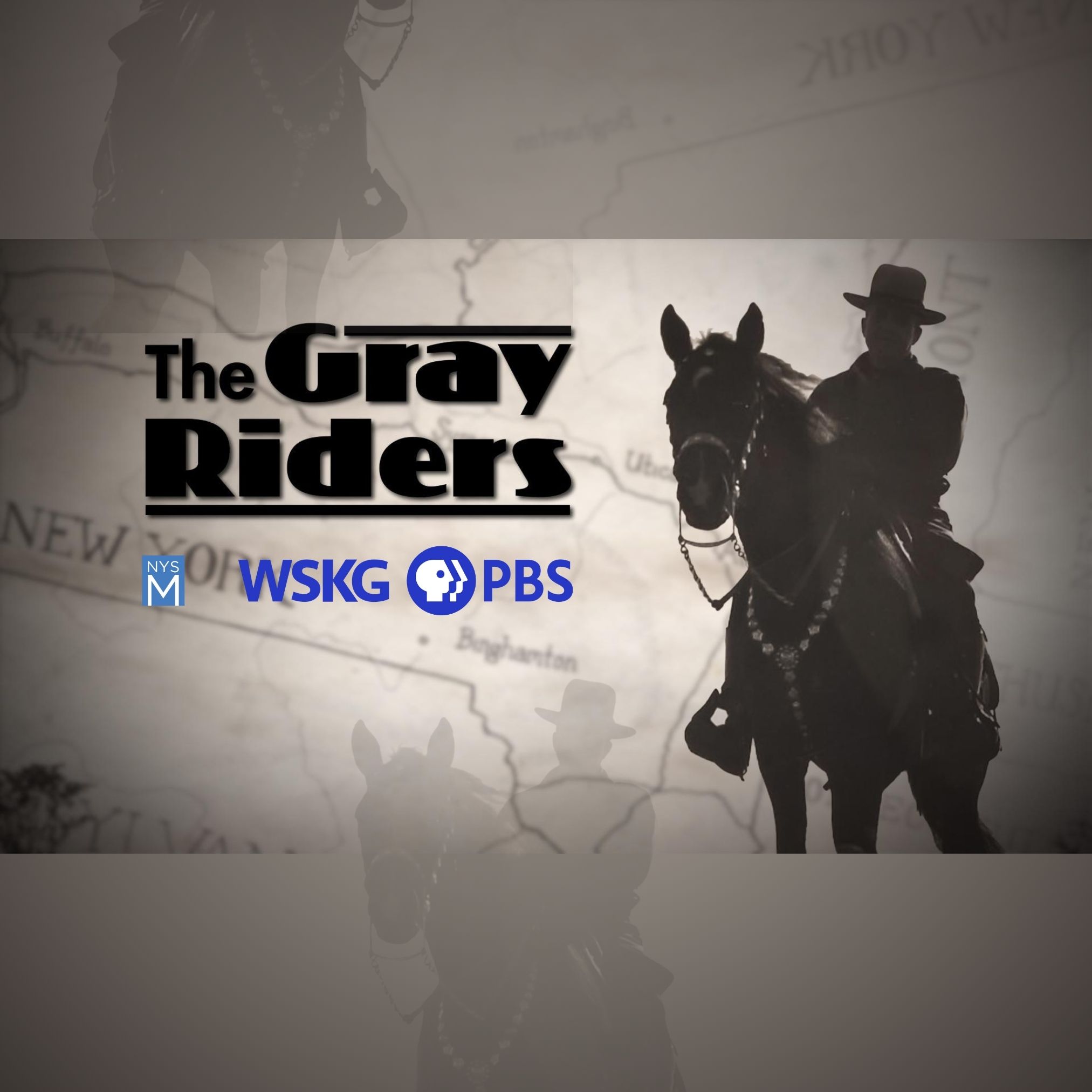 Title text over a faded photograph of a man sitting on a horse