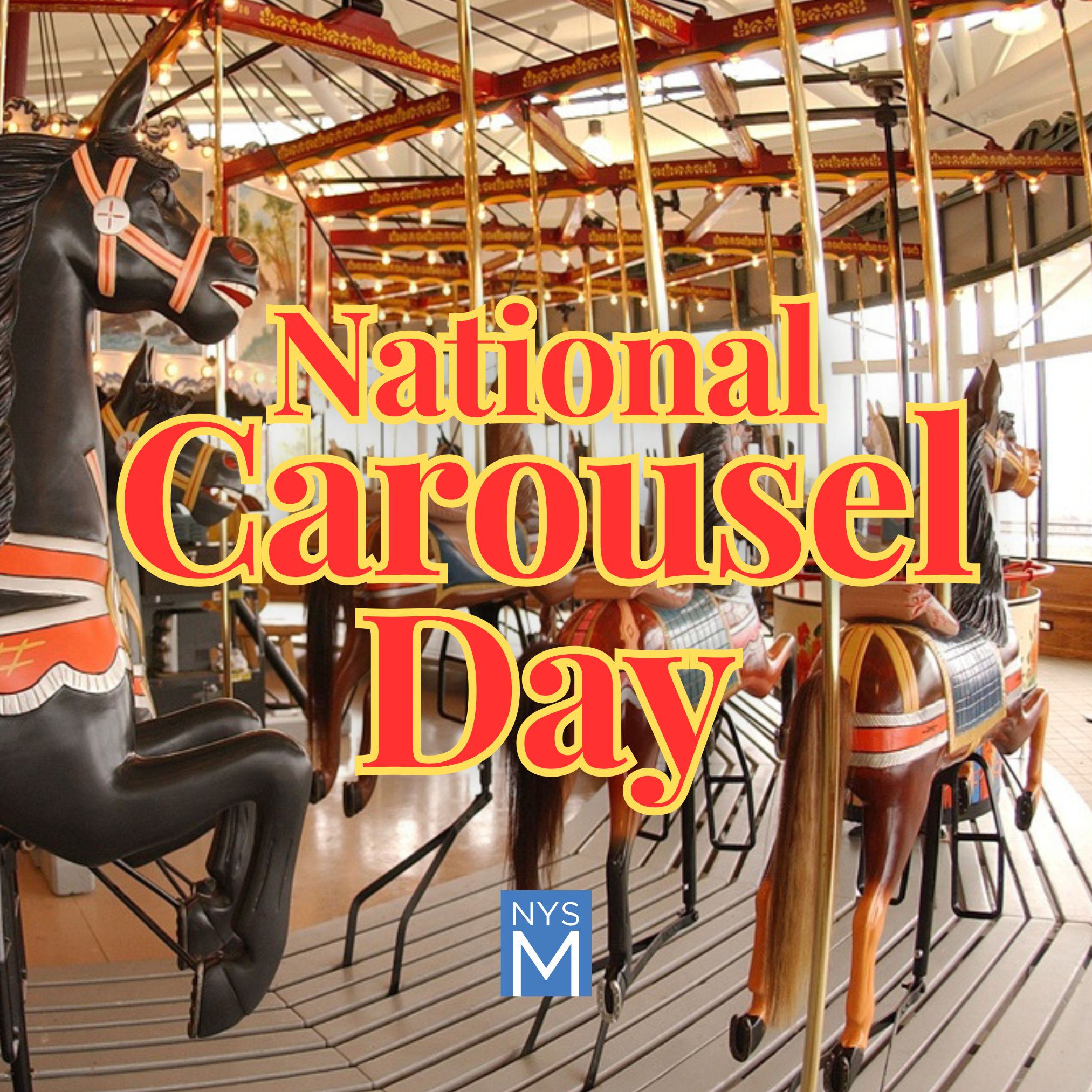 Title text over an image of carousel horses