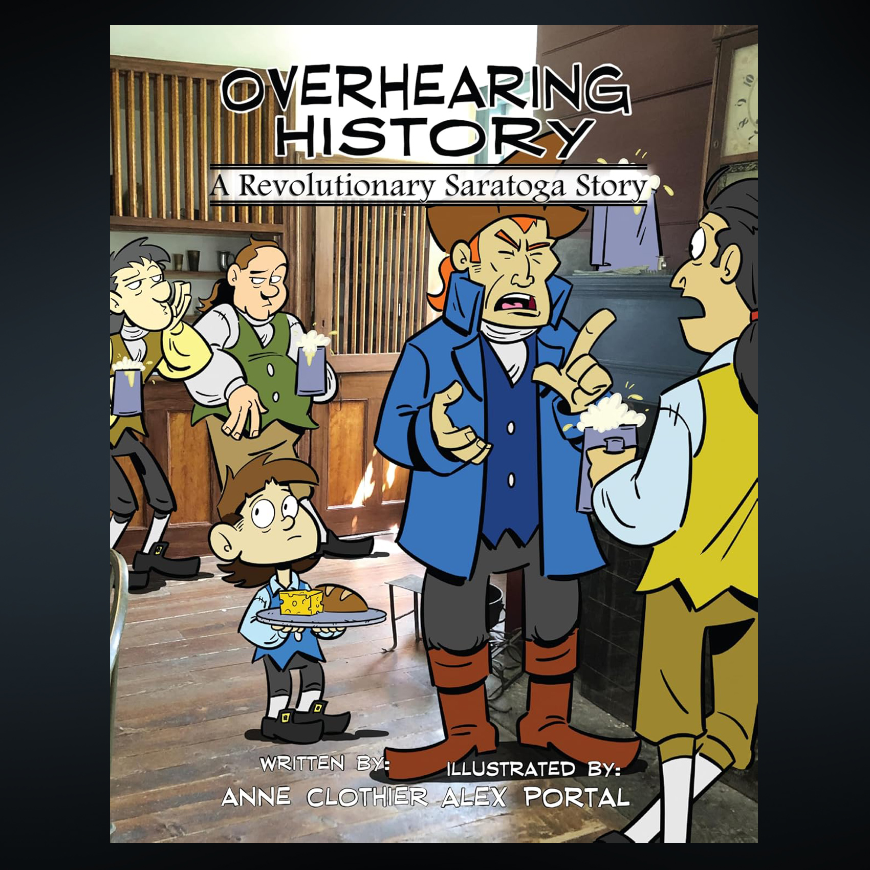 Title text over a cartoon illustration of Colonial men and a small boy 