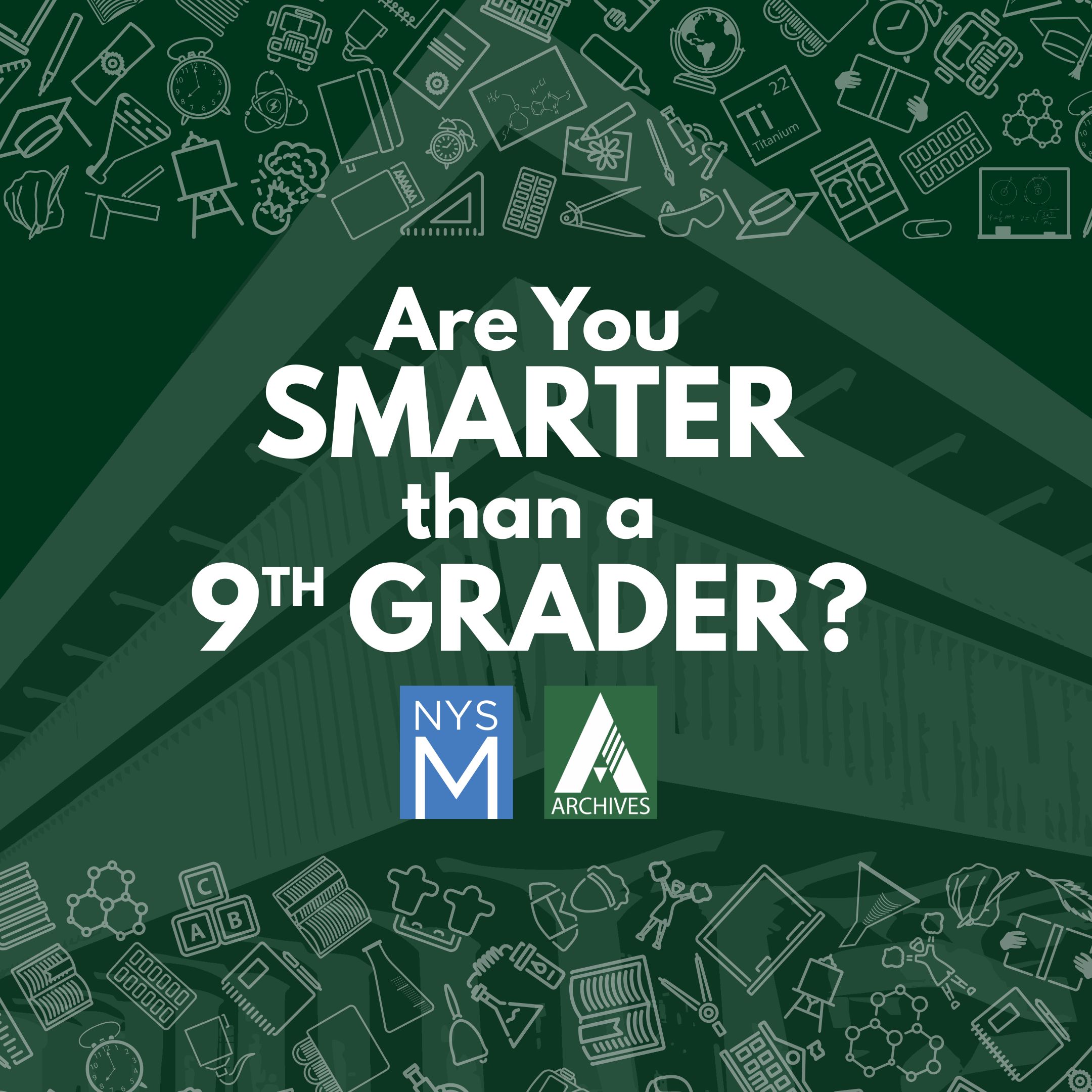 Title text over faded image of the Cultural Educaton Center and a collage of education related icons like books, pencils, calculators, etc.