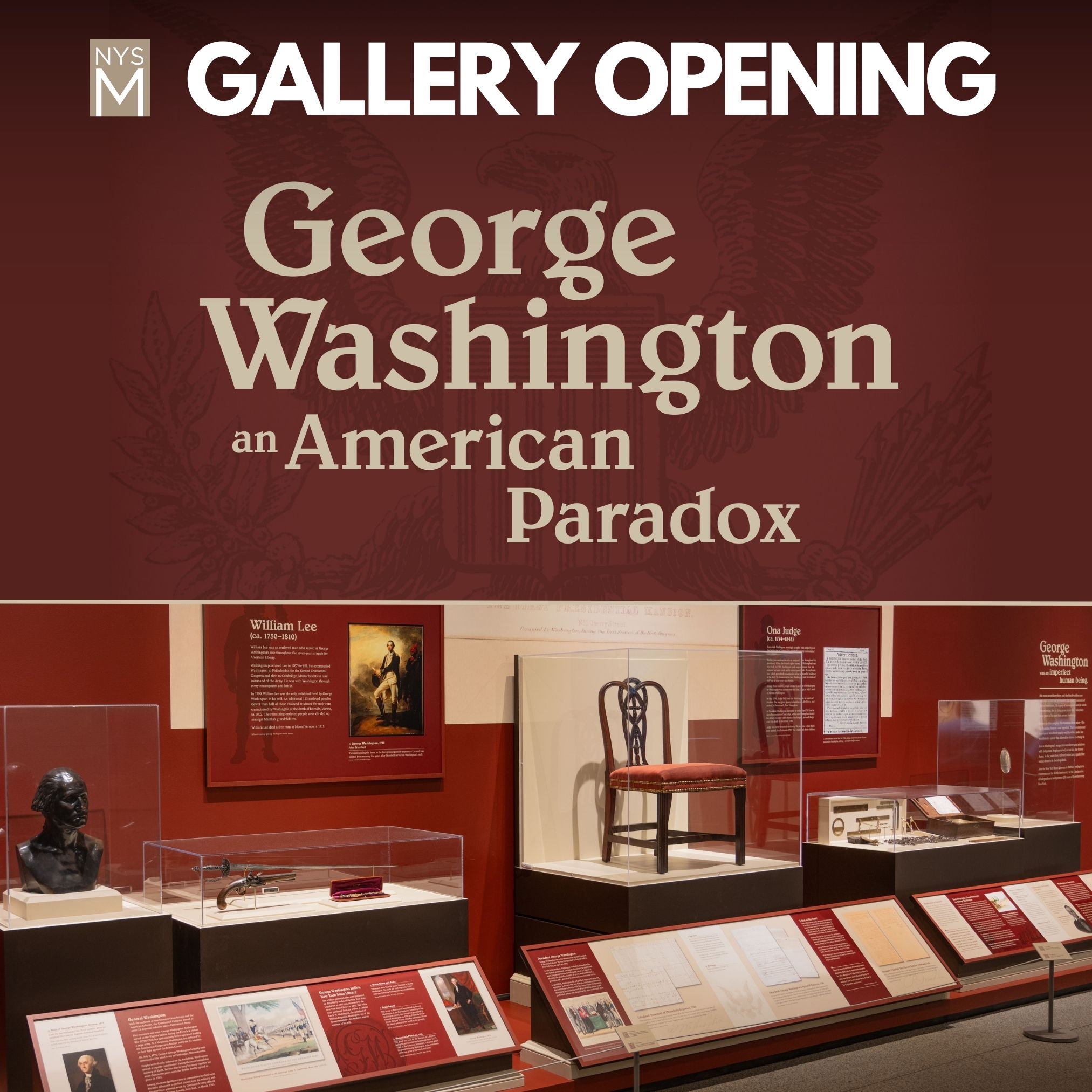 Gallery Opening title text over a photograph of the gallery and related items on exhibit