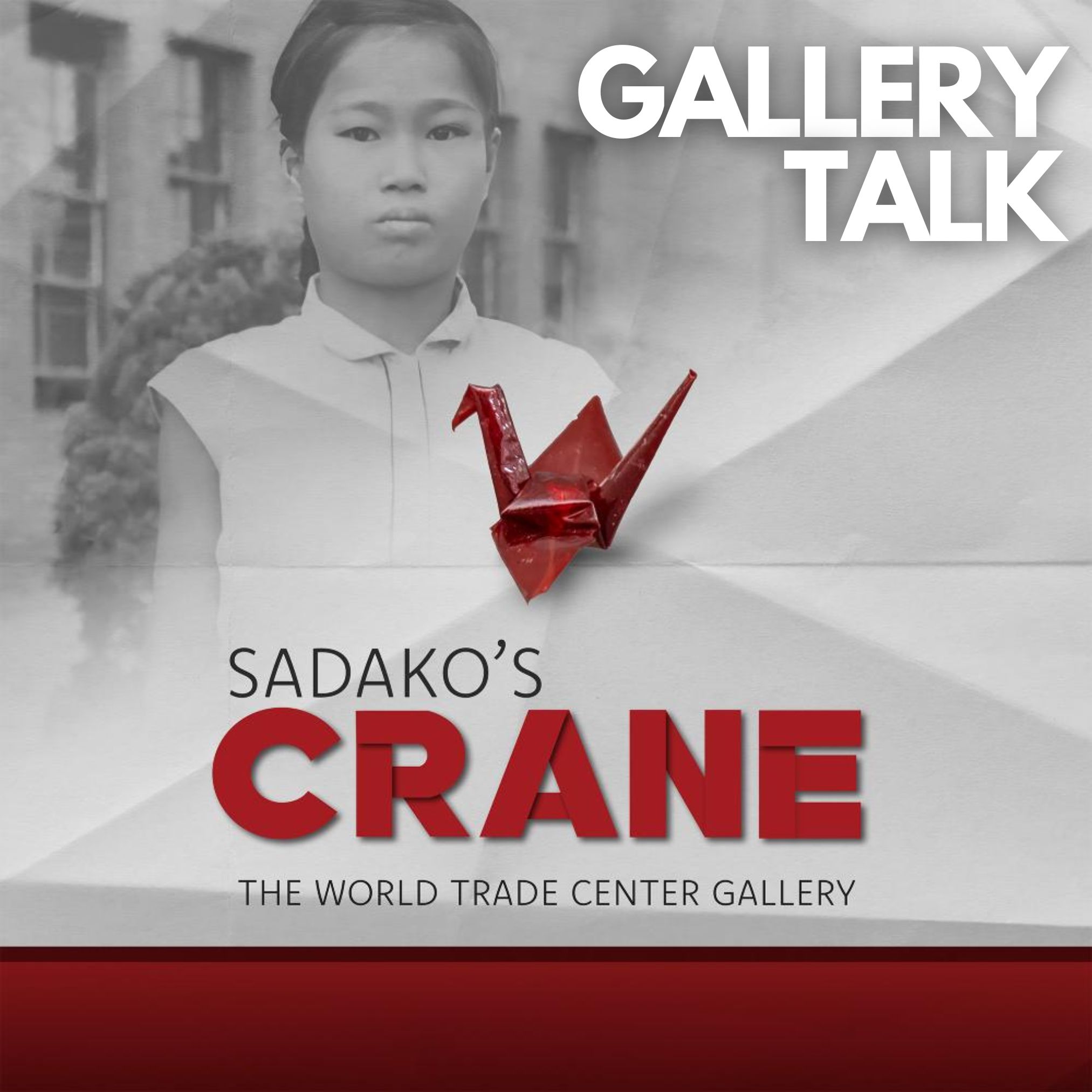 Title text over black/white photo of a young japanese girl and a red origami crane