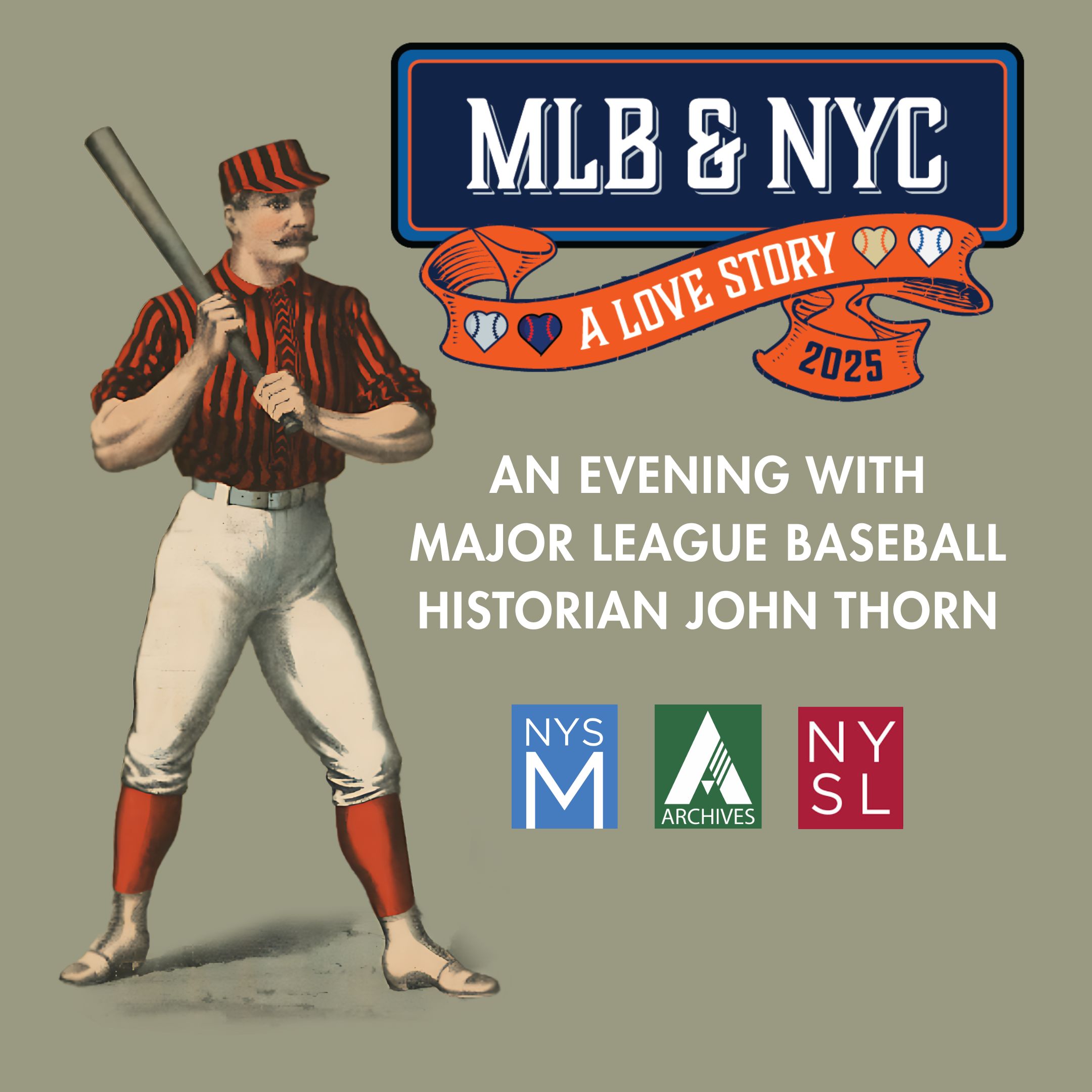 MLB NYC titles with vintage image of baseball player and NYSM, Archives, and Library logos