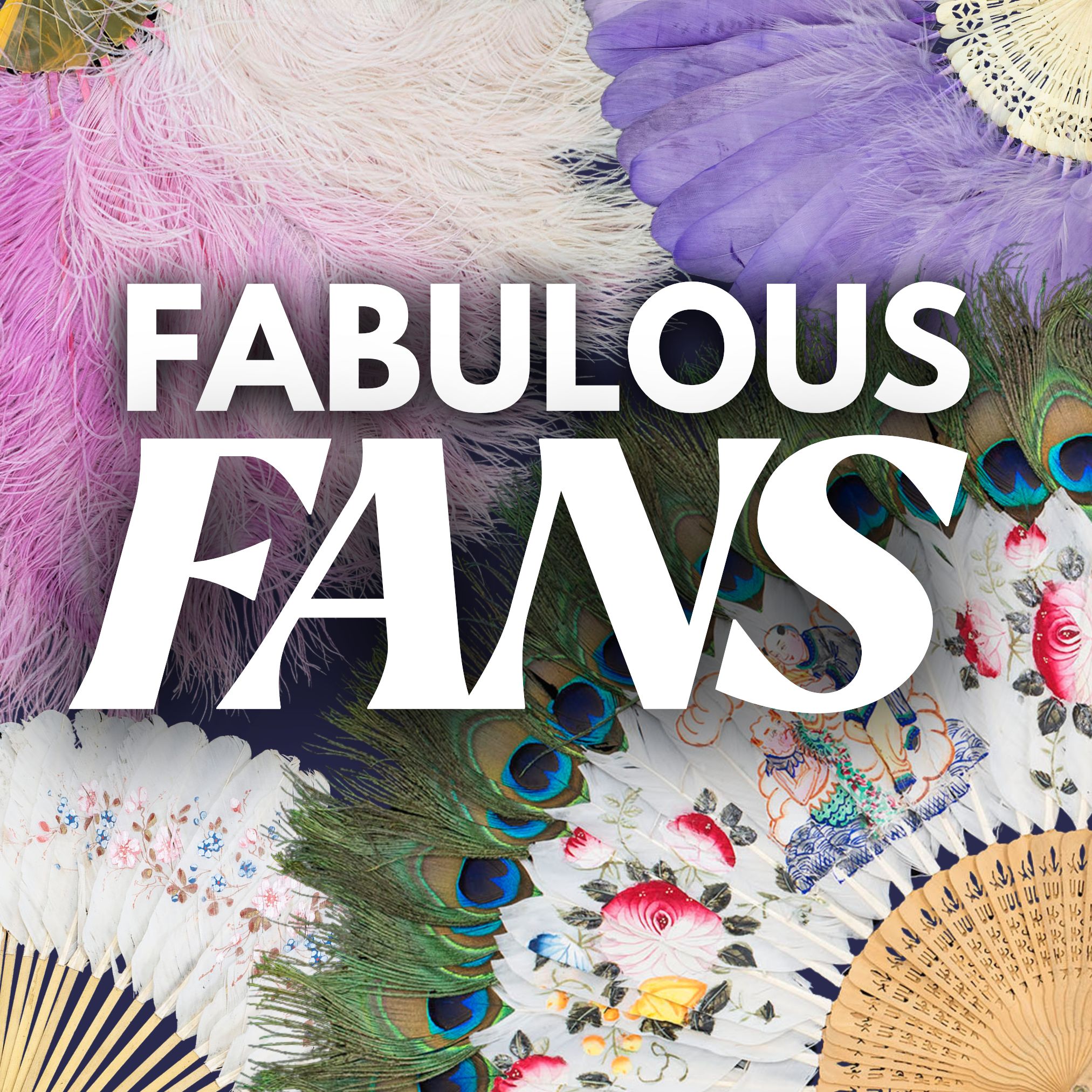 Title text over images of four fans made from ostrich and/or peacock feathers
