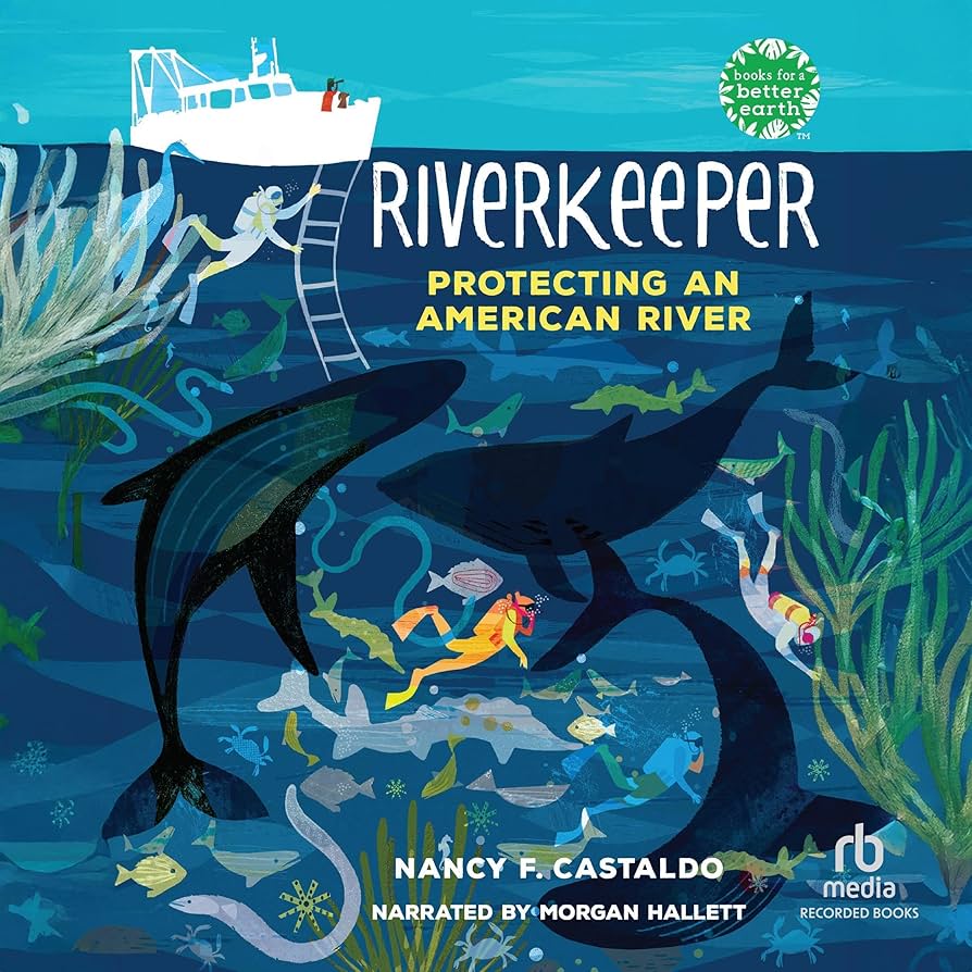 Riverkeeper book cover with illustration of three whales and scuba divers swimming beneath a white boat