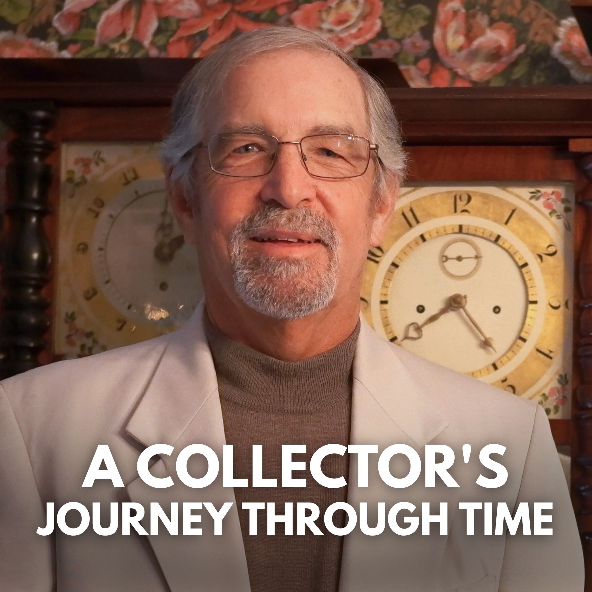 Title text over photo of an elderly man standing in front of two clocks