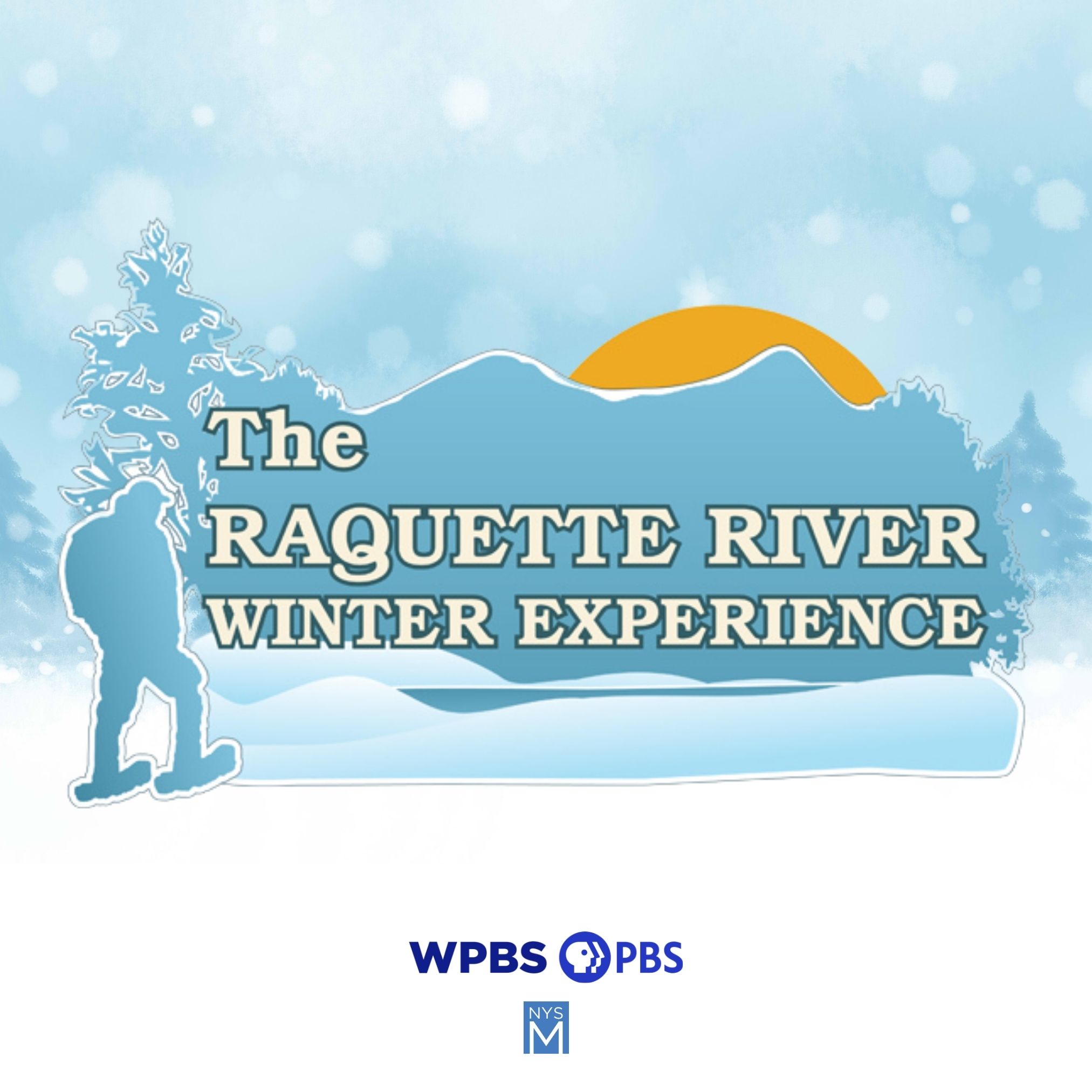 Raquette River text over snowy background, setting sun, figure of a person snow-shoeing