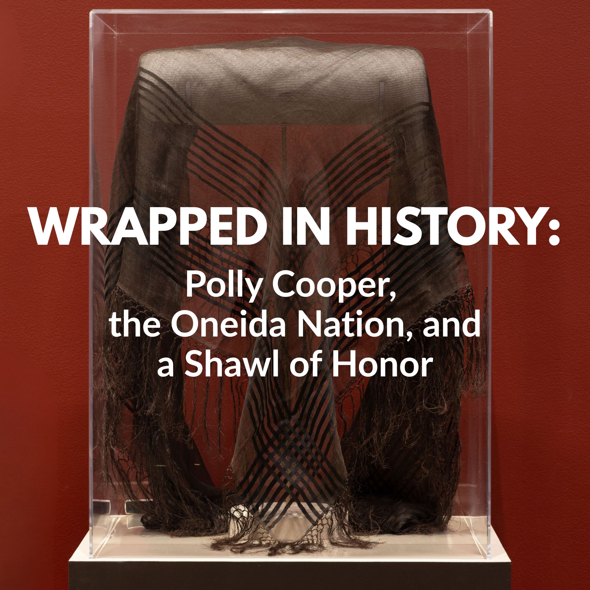 title text over photo of Polly Cooper's brown shawl draped in a glass case