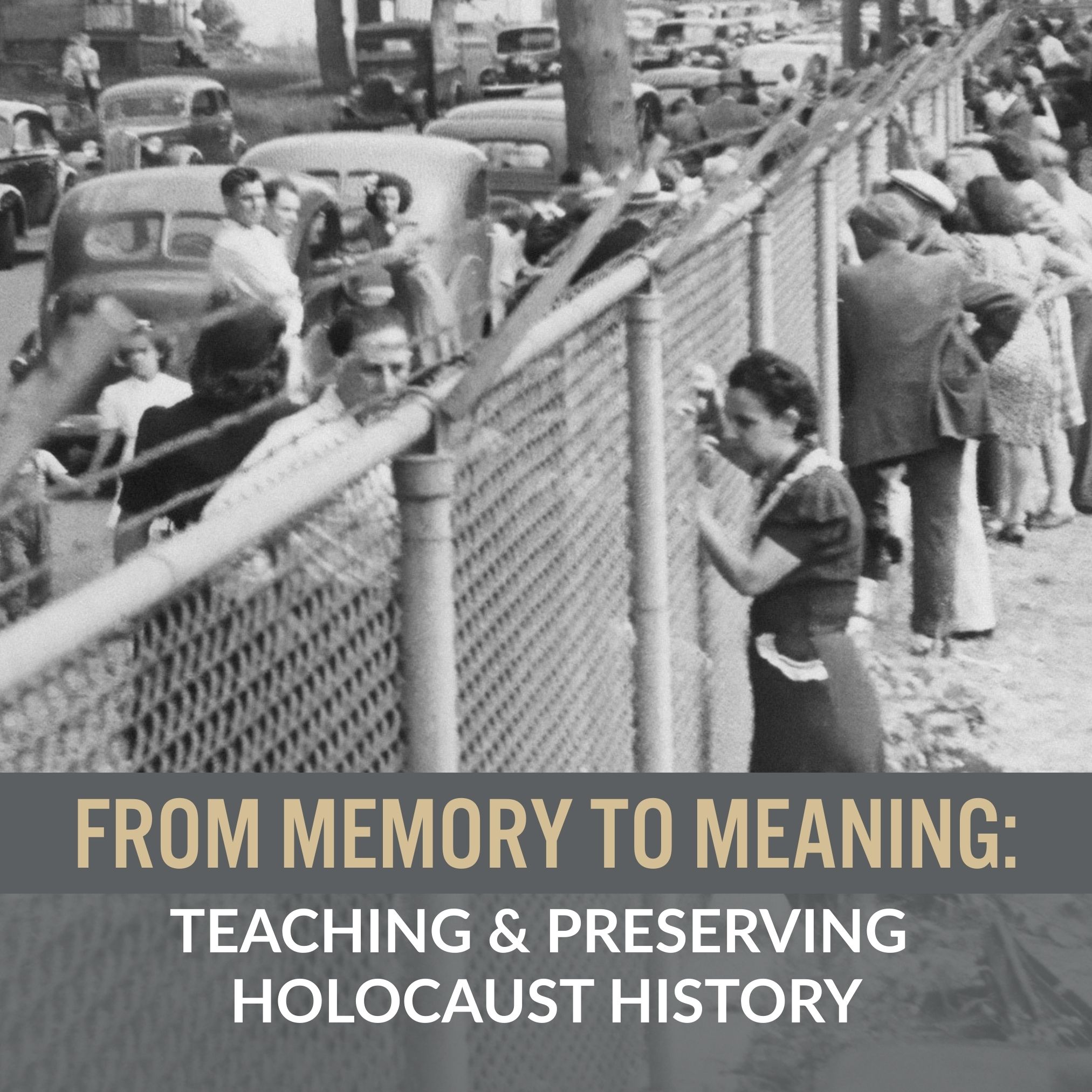 Title text over black/white photo of groups of people separated by a chain link fence