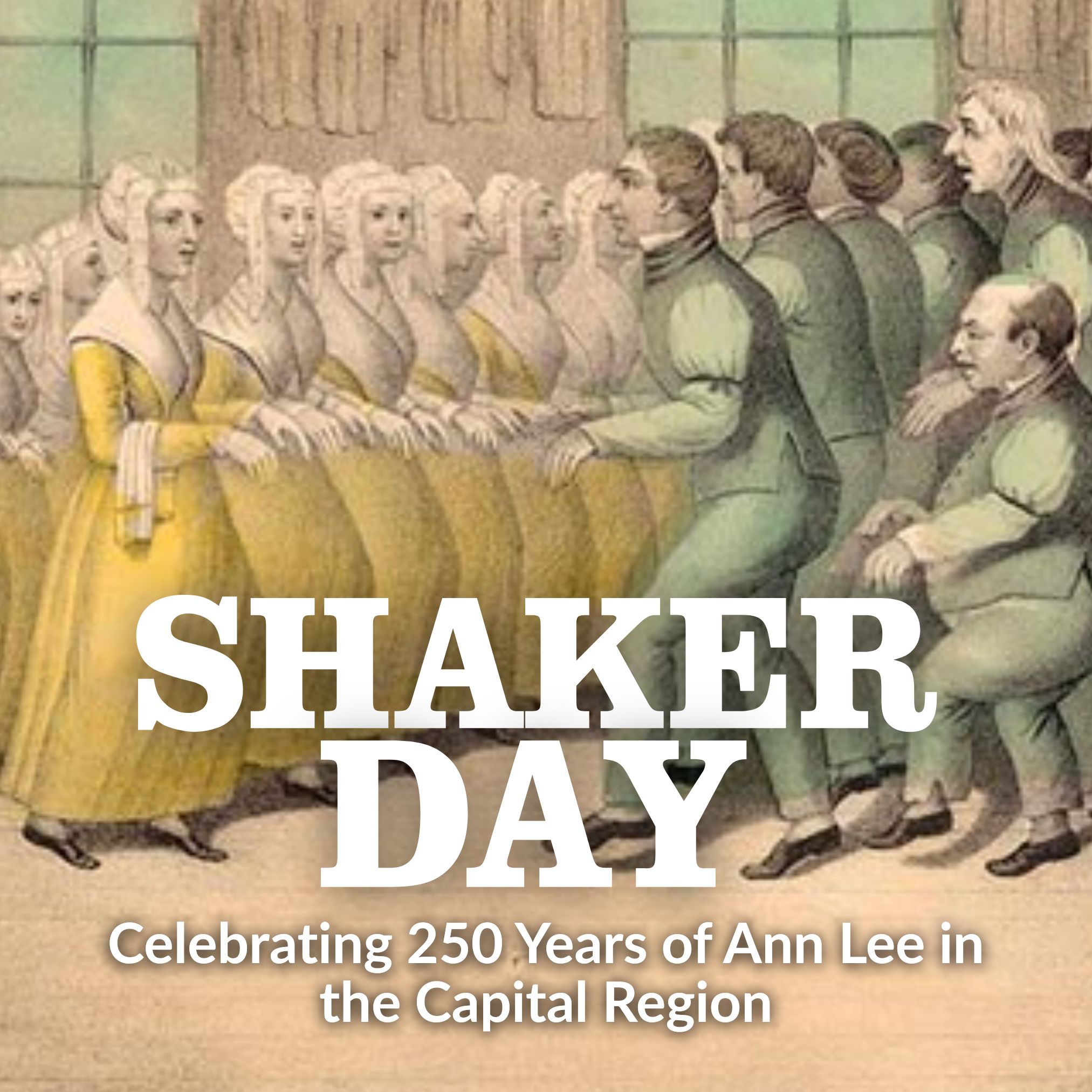 print of a group of women in yellow dresses dancing in a line facing a group of men in green suits