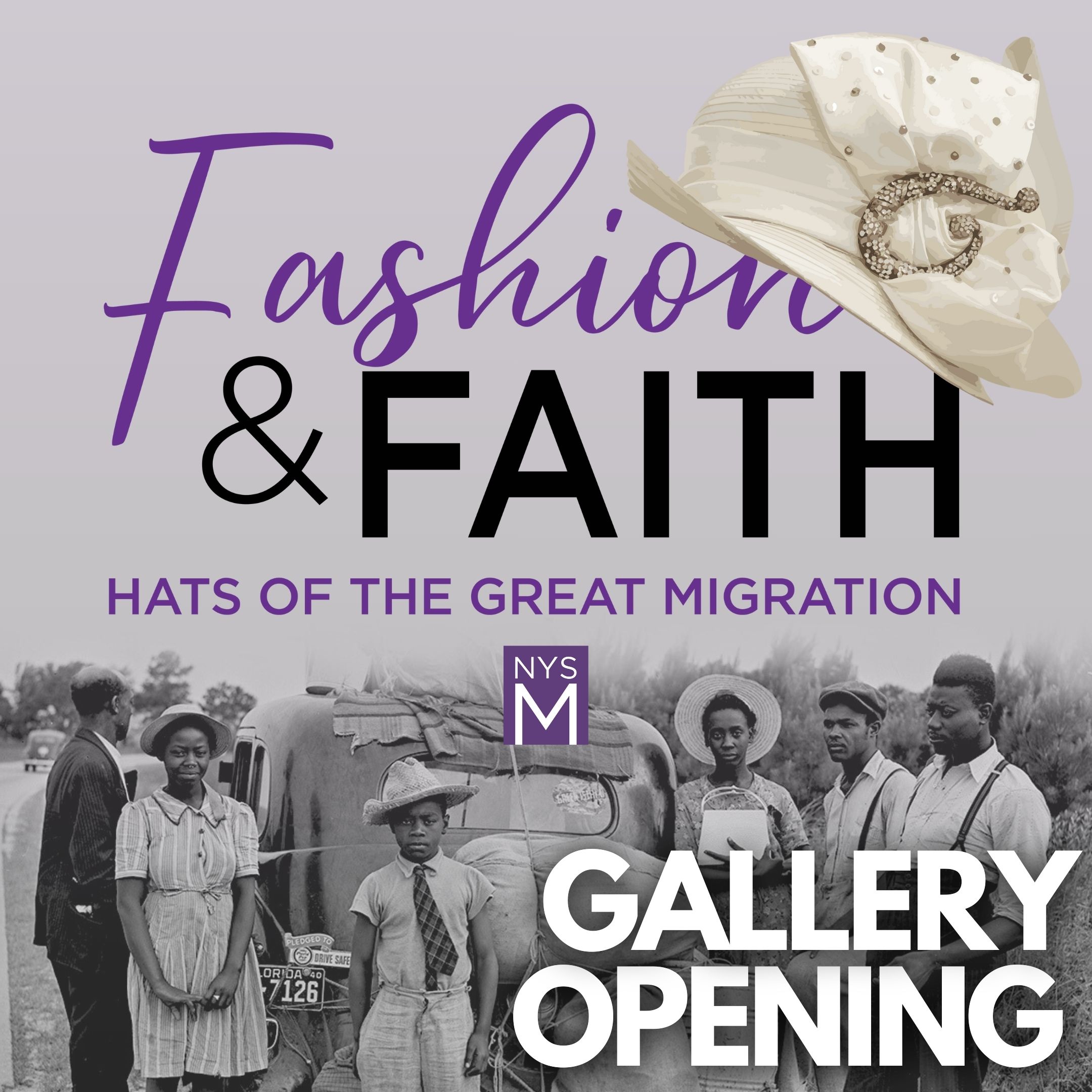 Fashion & Faith title text over black/white photograph of an African American family standing in front of a vehicle packed with luggage and belongings