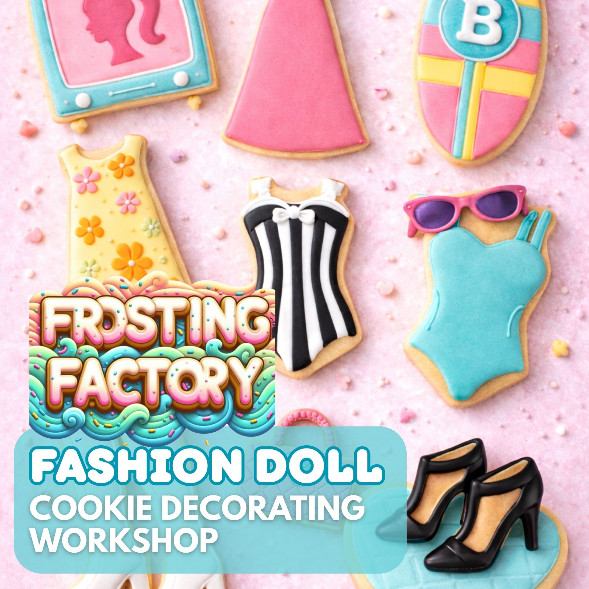 Title text over photo of a variety of iced cookies in the shapes of dresses, shoes, a surfboard, a television, and bathing suits