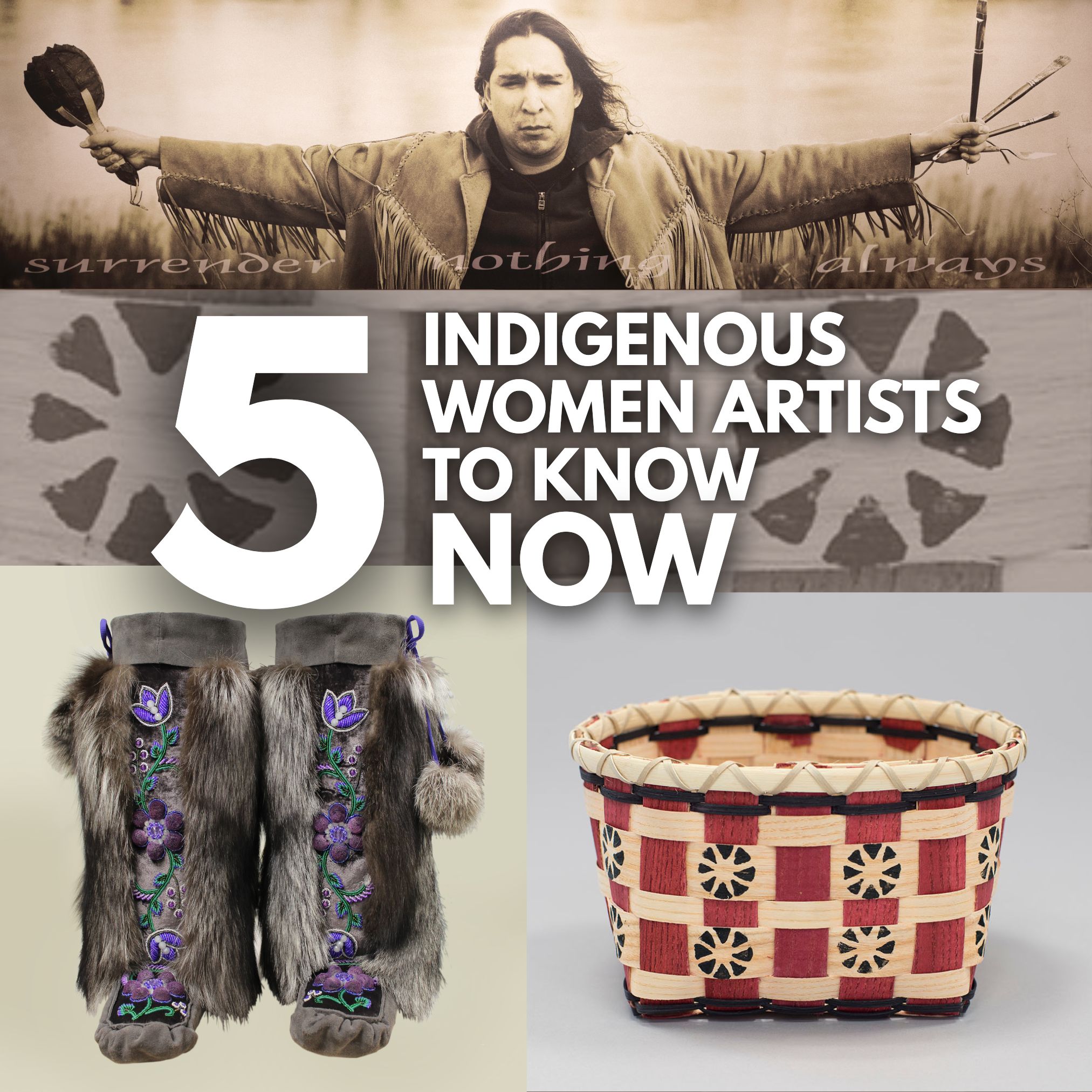 title text over collage of three artworks by indigenous women - a photograph of an individual with outstretched arms, a pair of beaded animal-skin boots, and a red/white woven basket
