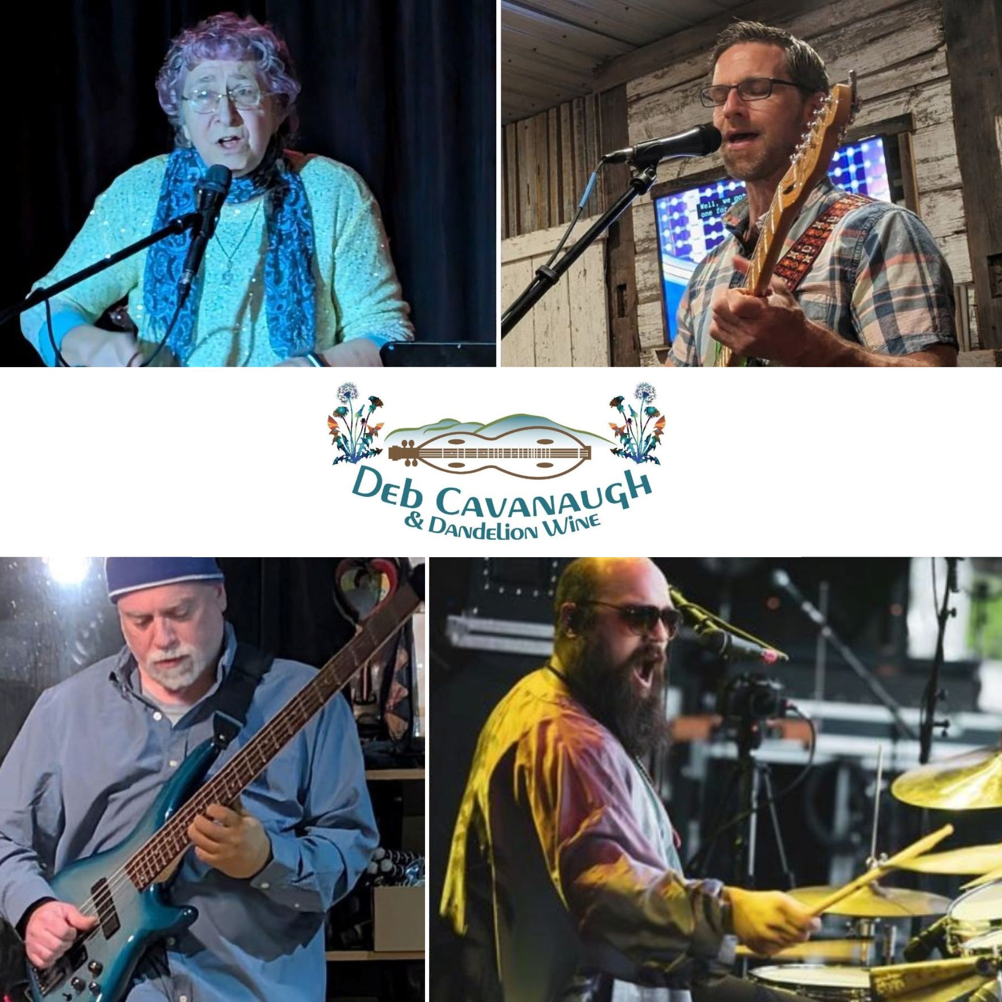 Collage of four photographs showing different musicians playing their instruments (keyboard, guitar, base, drums)