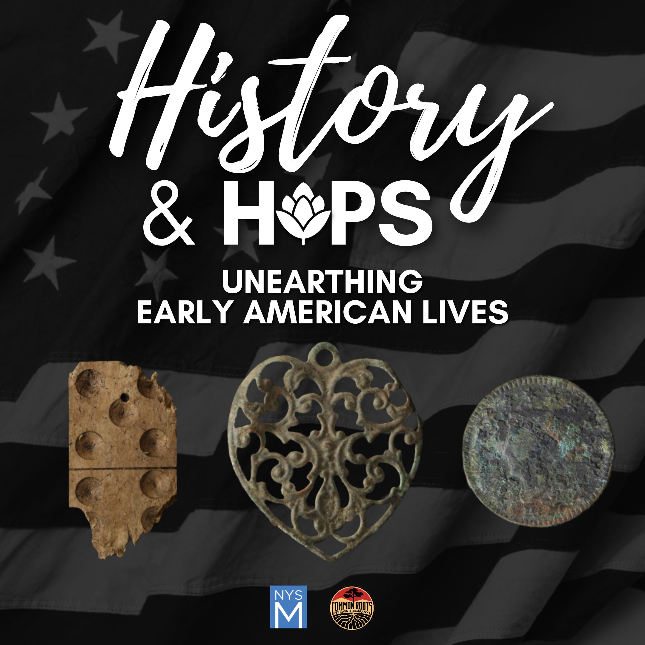 History & Hops title text over images of a wooden domino, a metal heart pendant and a vintage coin