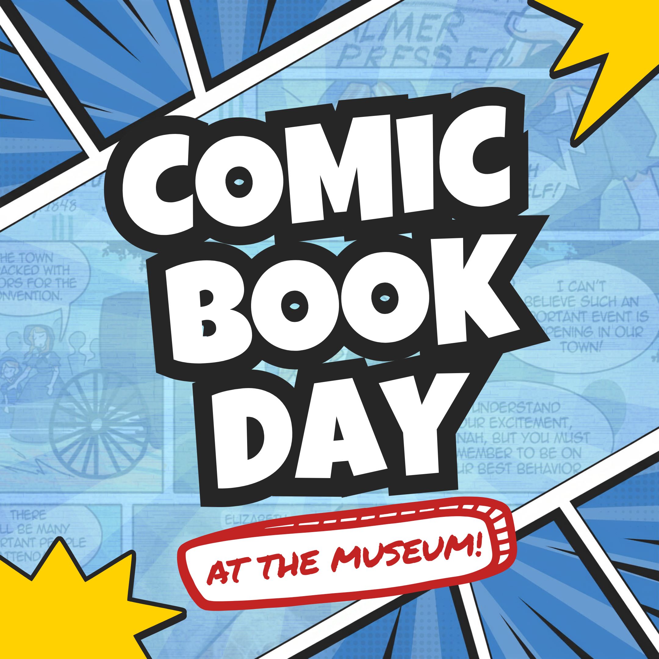 Comic Book Day title text over a comic-book-themed background