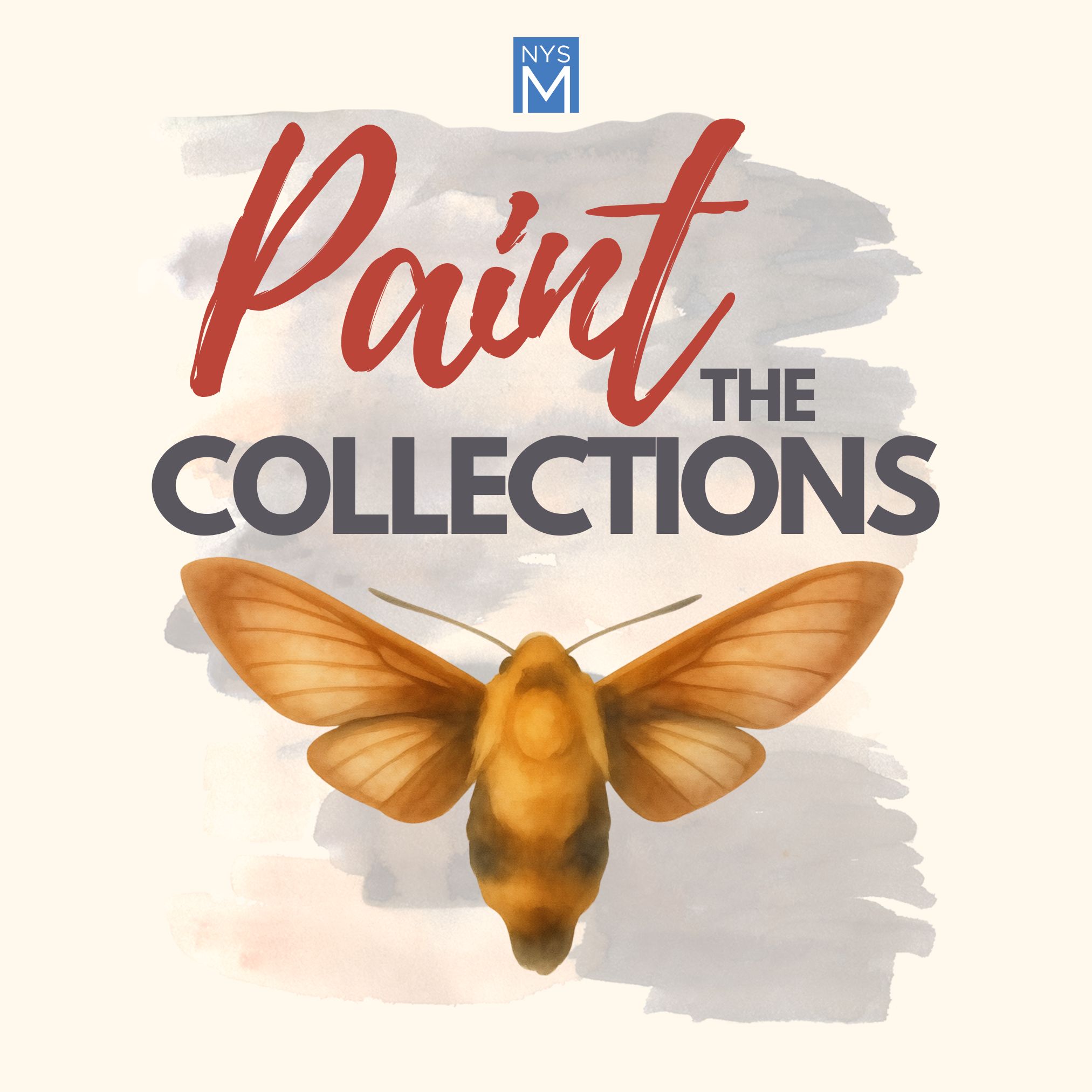 Paint the Collections title text over a water color background with a painted moth