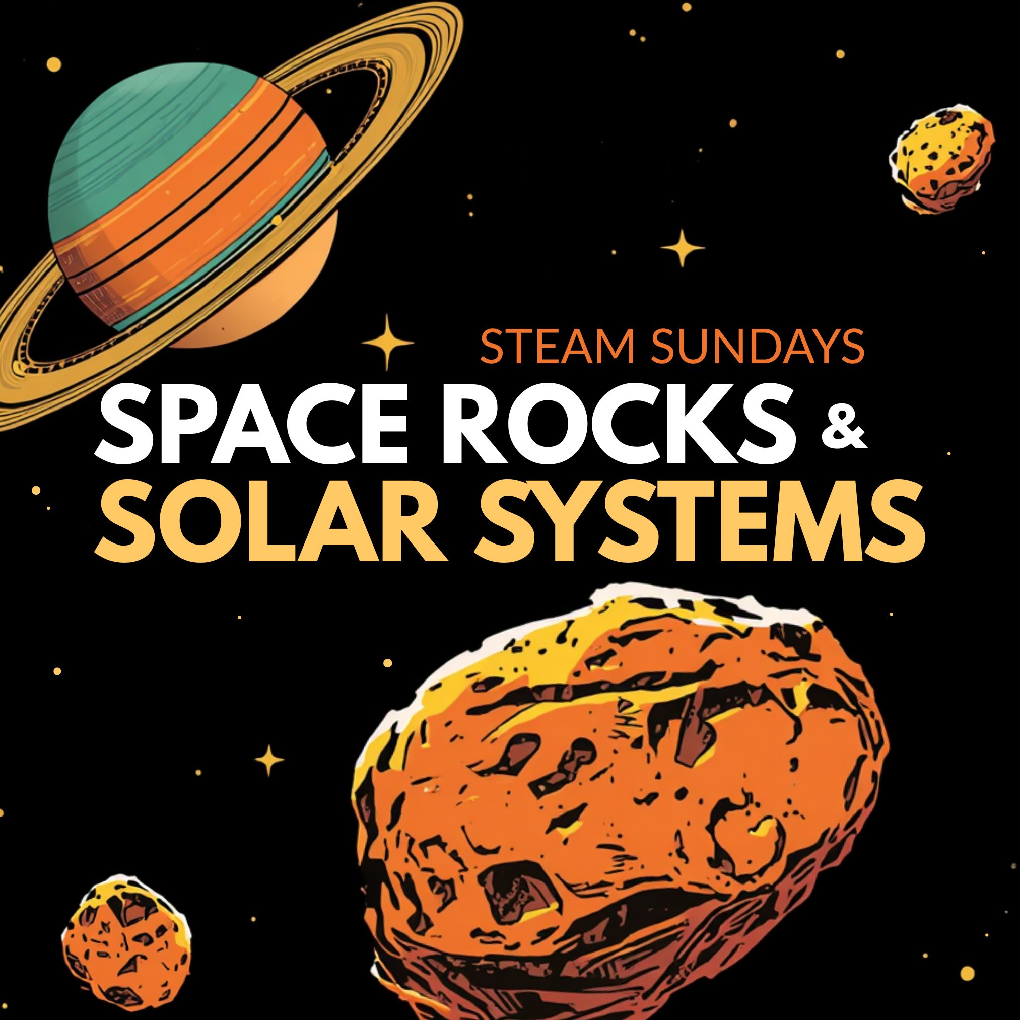 Title graphics over a graphic of a ringed planet and three asteroid-like rocks