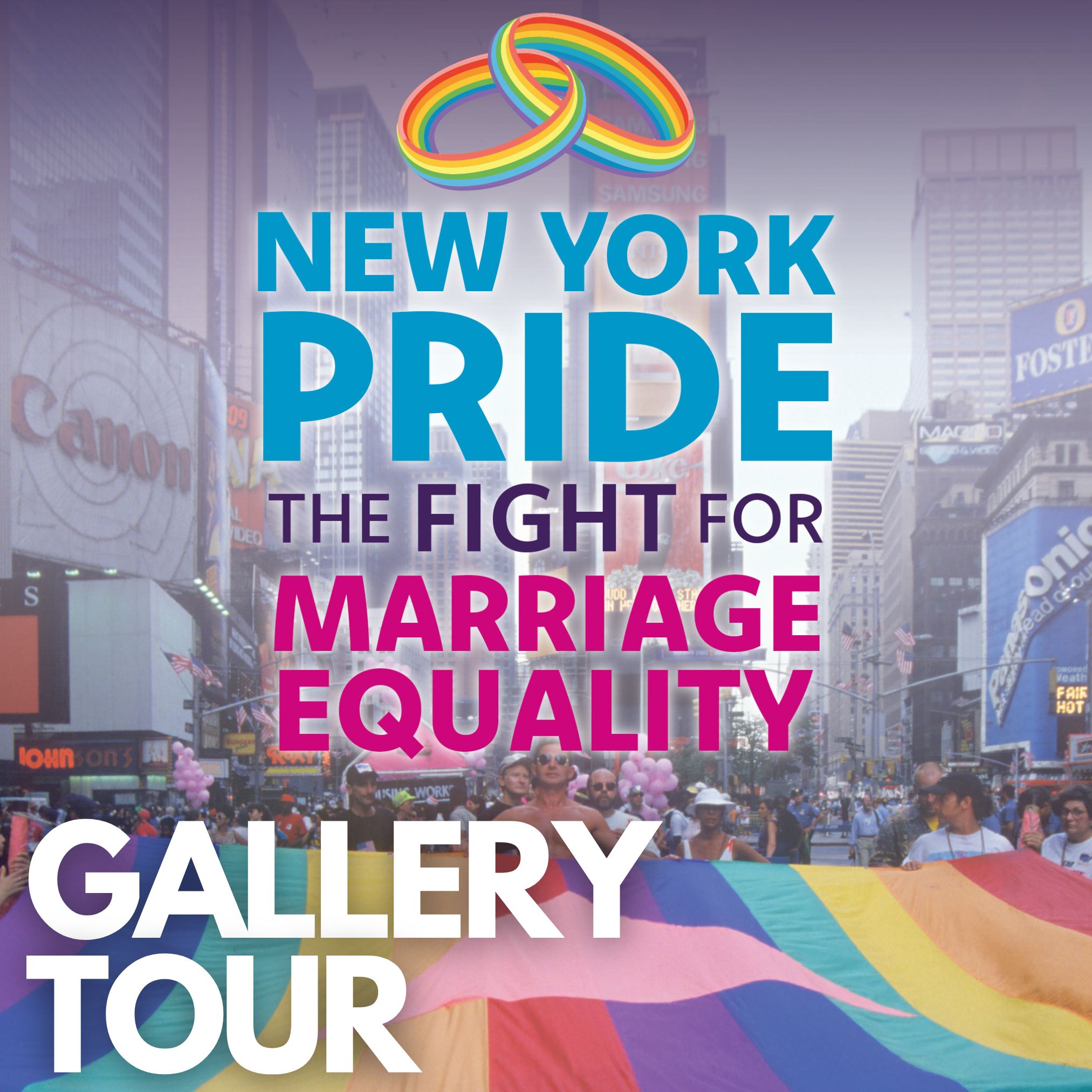Title text over an image from a NYC Gay Pride Parade with marchers carrying a large rainbow flag with a pink triangle