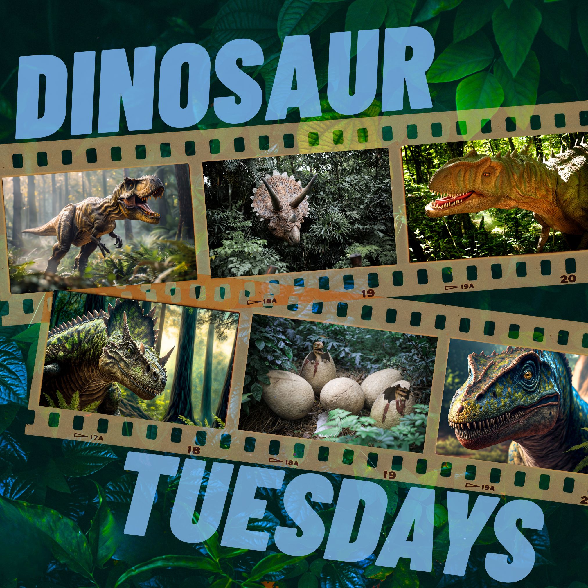 Dinosaur Tuesdays title text over images of film strips displaying different dinosaurs