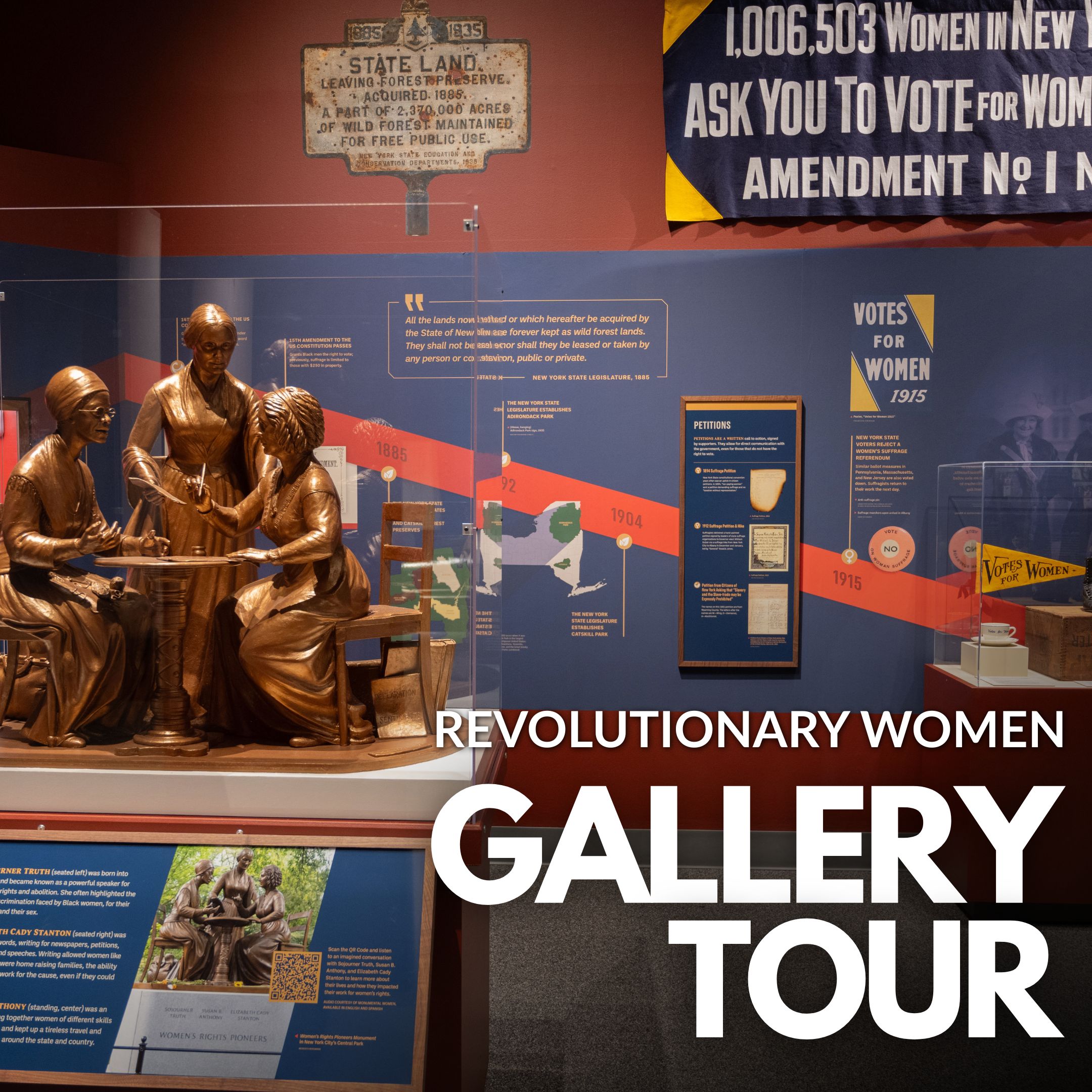Revolutionary Women Gallery Tour title text over photograph of artifacts representing the women's suffrage movement