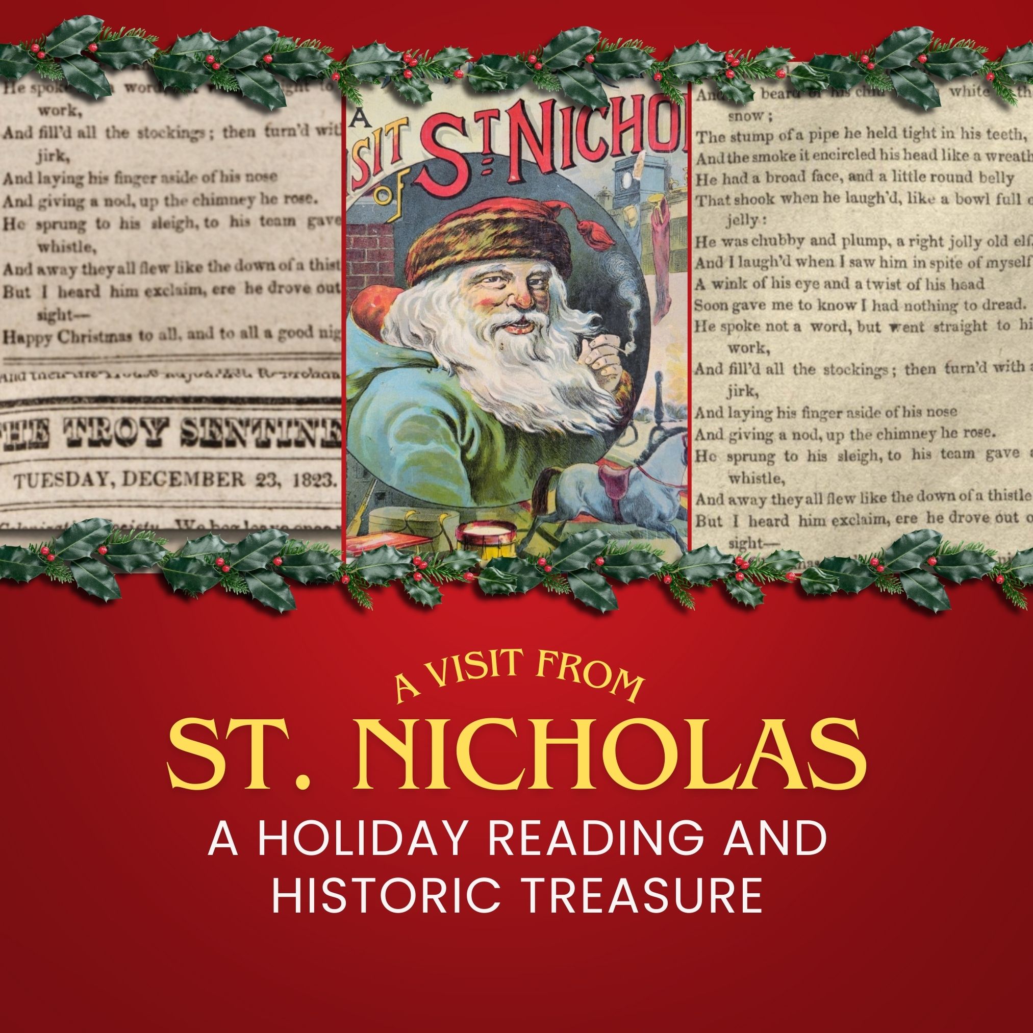 newspaper clips from the Troy Sentinel and an image of the first book cover for Twas the Night Before Christmas