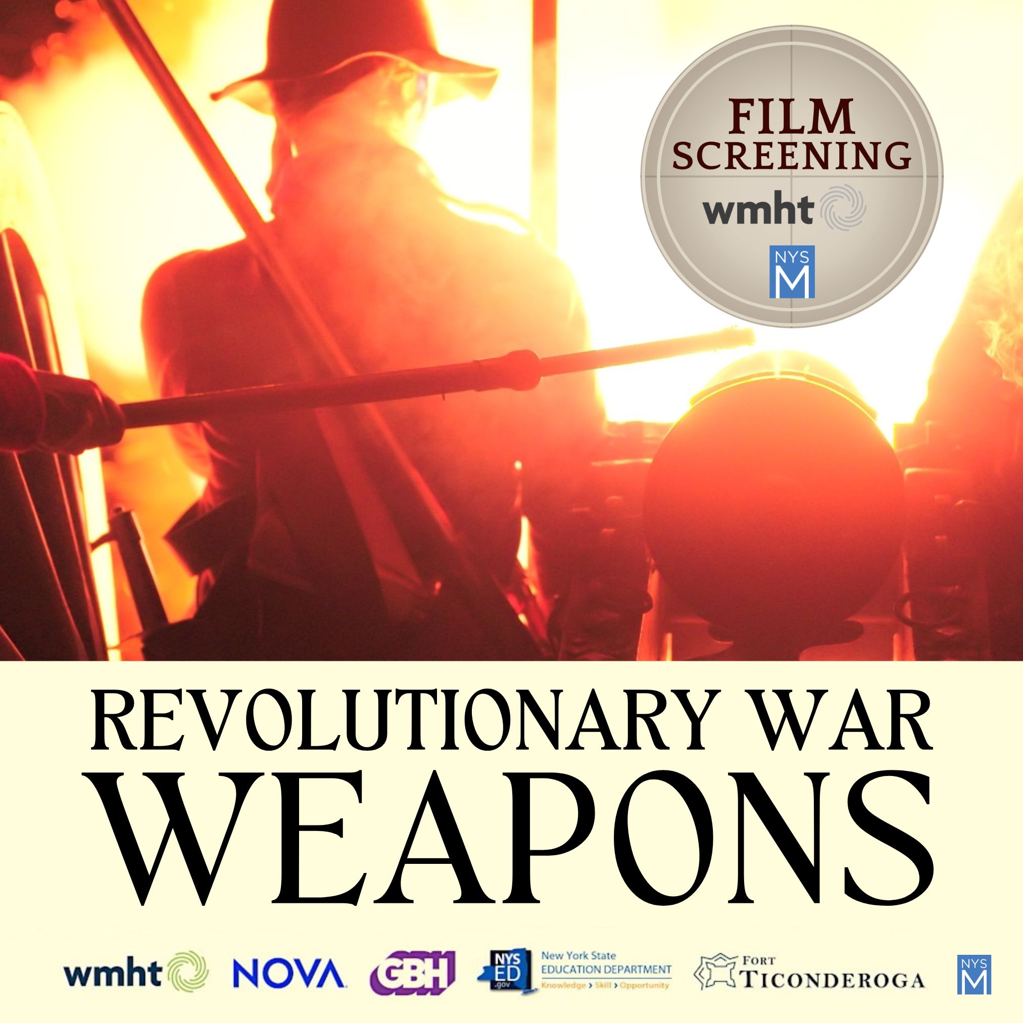 Revolutionary War Weapons graphic over an image of silhouetted figure litghitng a cannon
