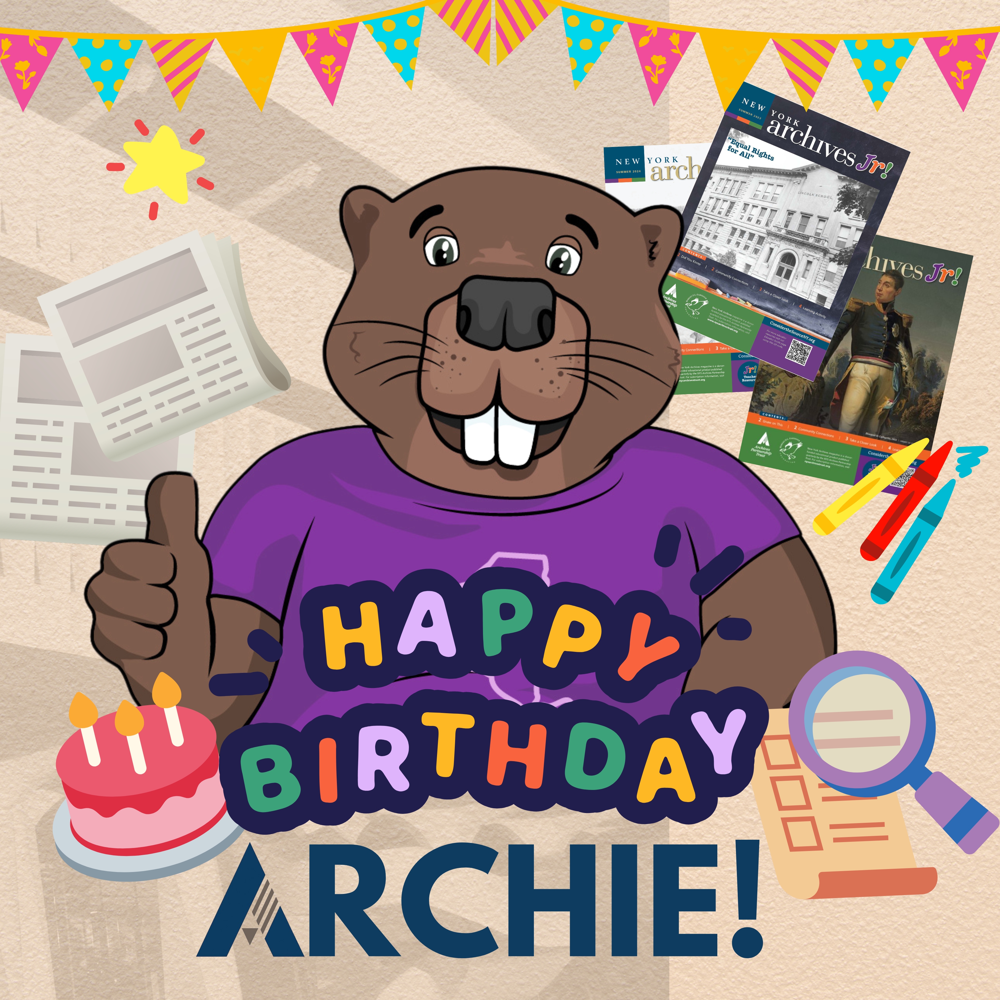 Happy Birthday title graphic with Cartoon Archie the Beaver and celebratory images