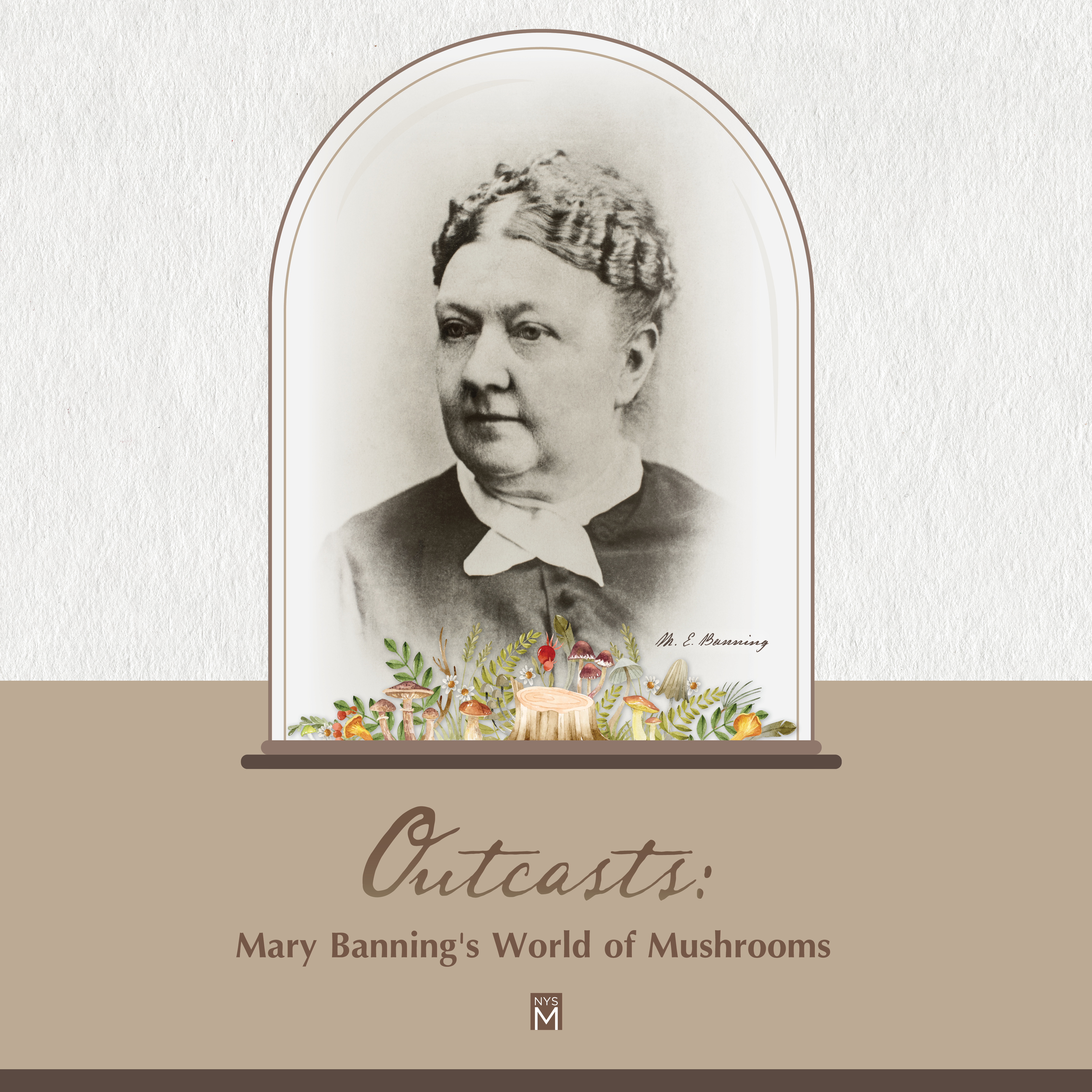 Outcasts title graphic with an image of Mary Banning surrounded by mushrooms painted in watercolors