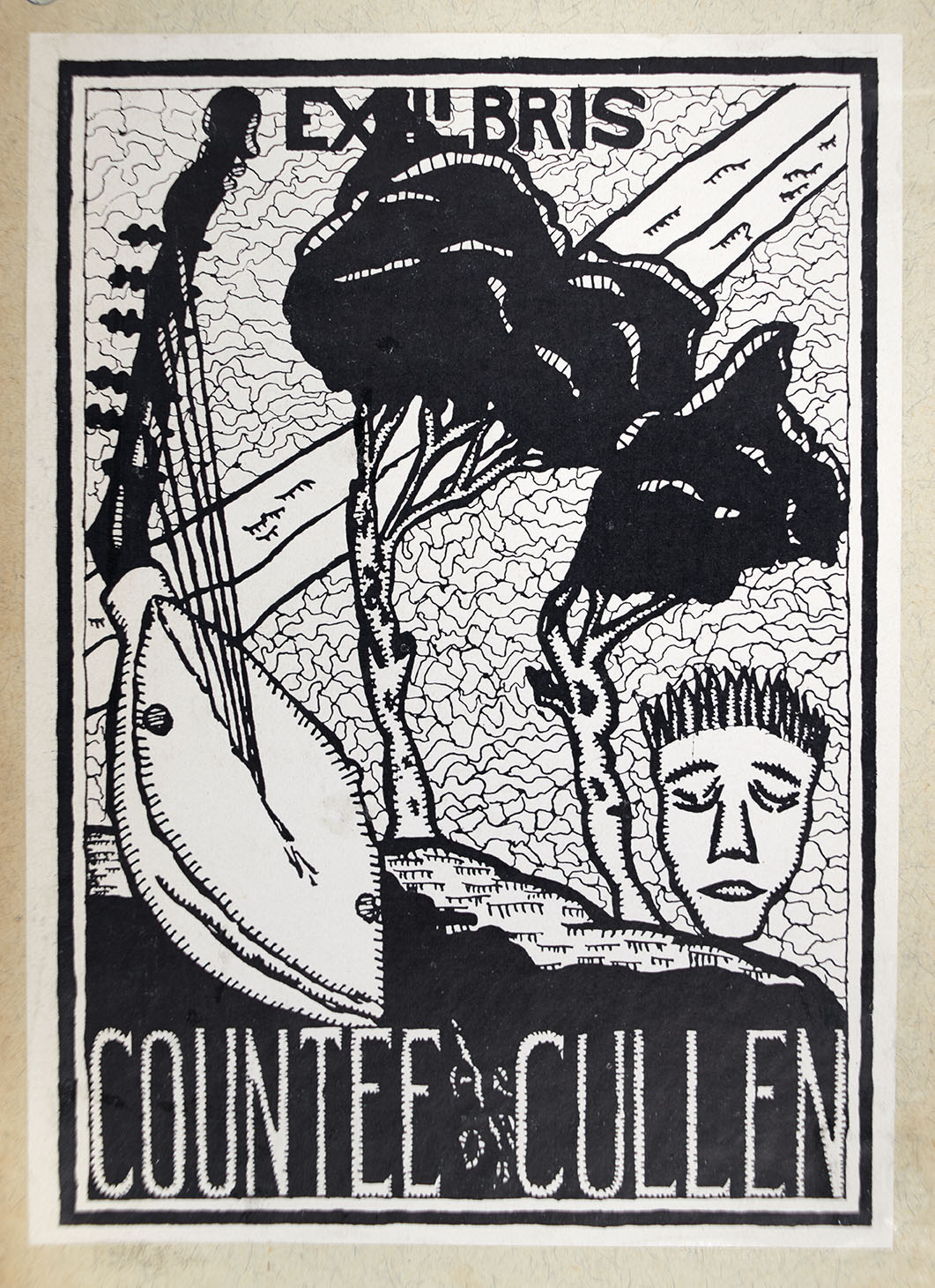 Black/white print featuring a musical instrument, trees, and a face