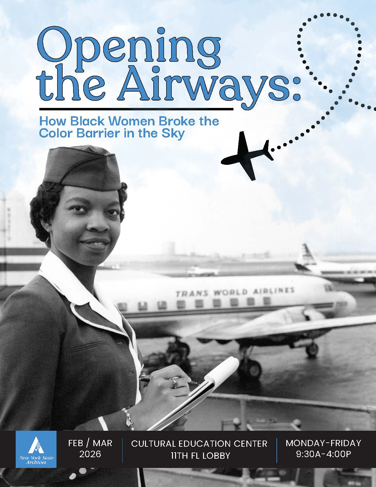 Opening The Airways title graphic over black/white photo of an African American woman wearing a flight attendant uniform standing in front of a commuter airline plane