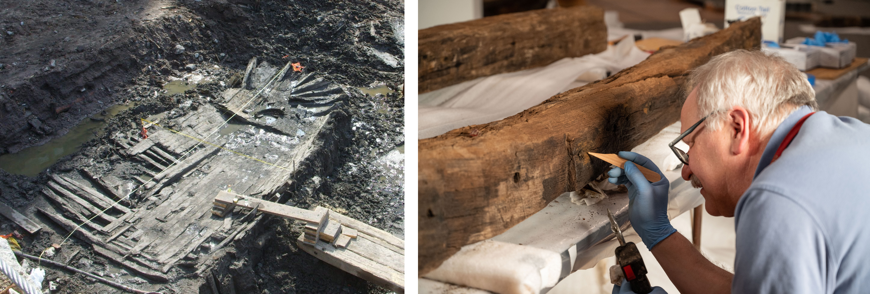 Photographs of the remains of a wooden boat removed from the mud and debris of an excavation site, and a photograph of a staff member cleaning and preparing a wooden beam for display