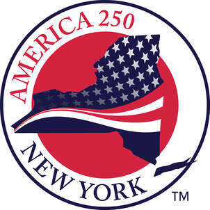 circular logo with the text "America 250 NY" around a star-spangled image of NY State