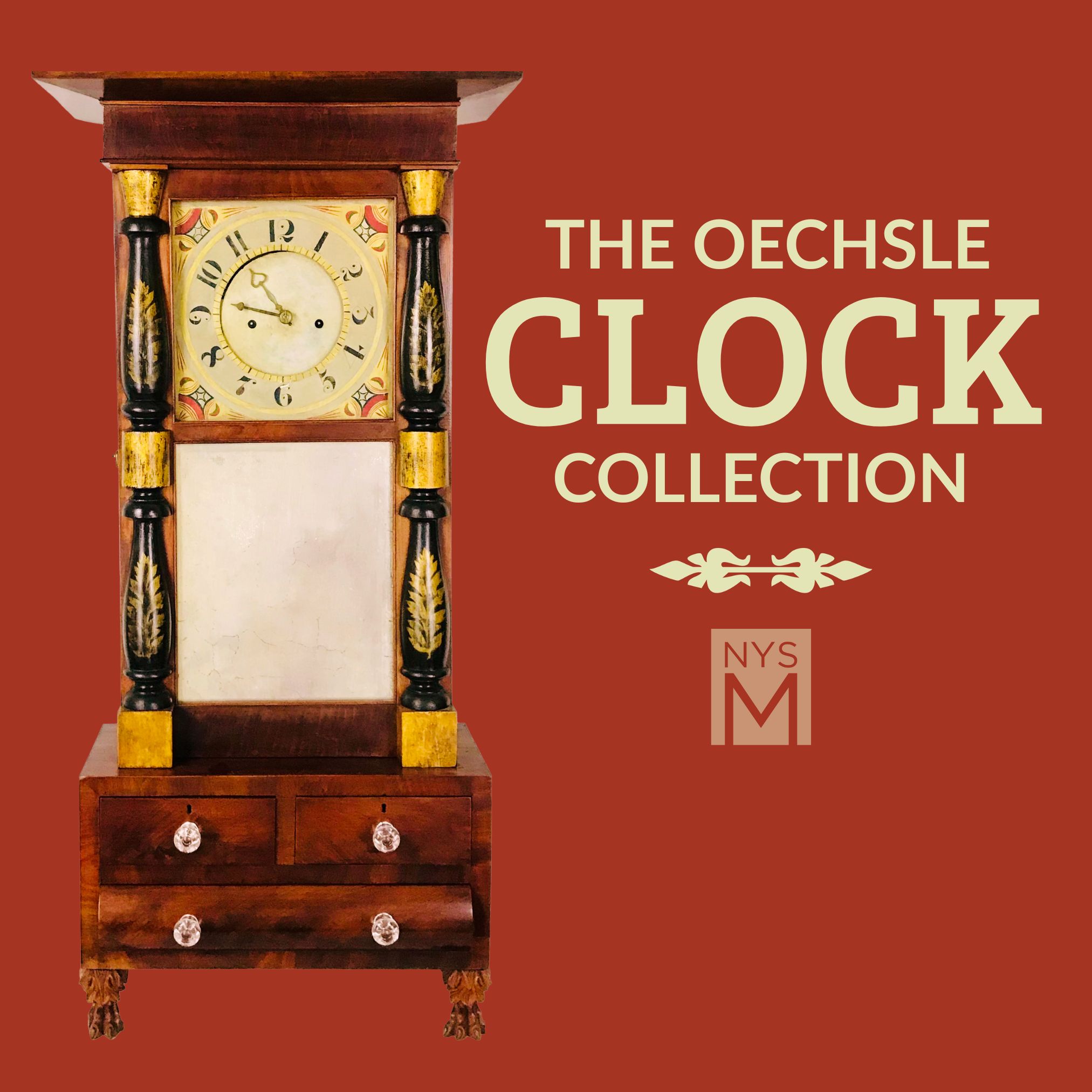 Title text and photo of a decorative clock atop a small wooden chest of drawers