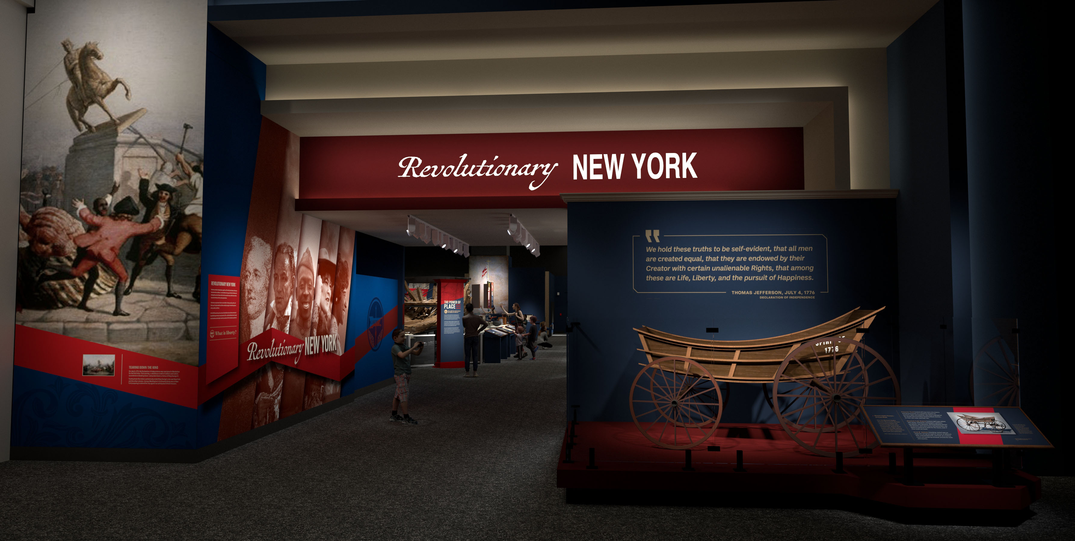 Entrance to Revolutionary New York exhibition, including title banner, graphic posters, and introductory texts