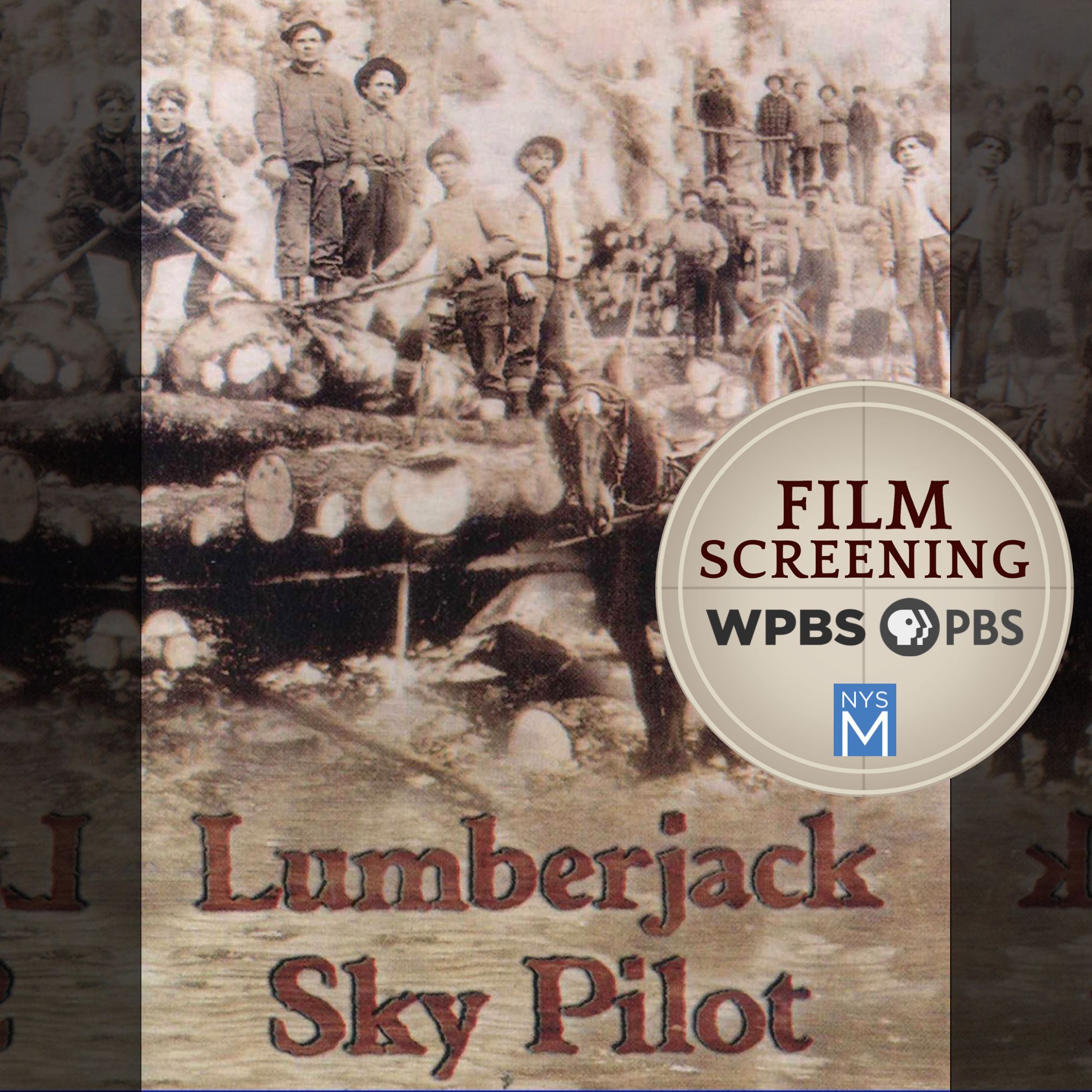 title graphic over vintage photograph of lumberjacks, bundles of logs, and cart horses