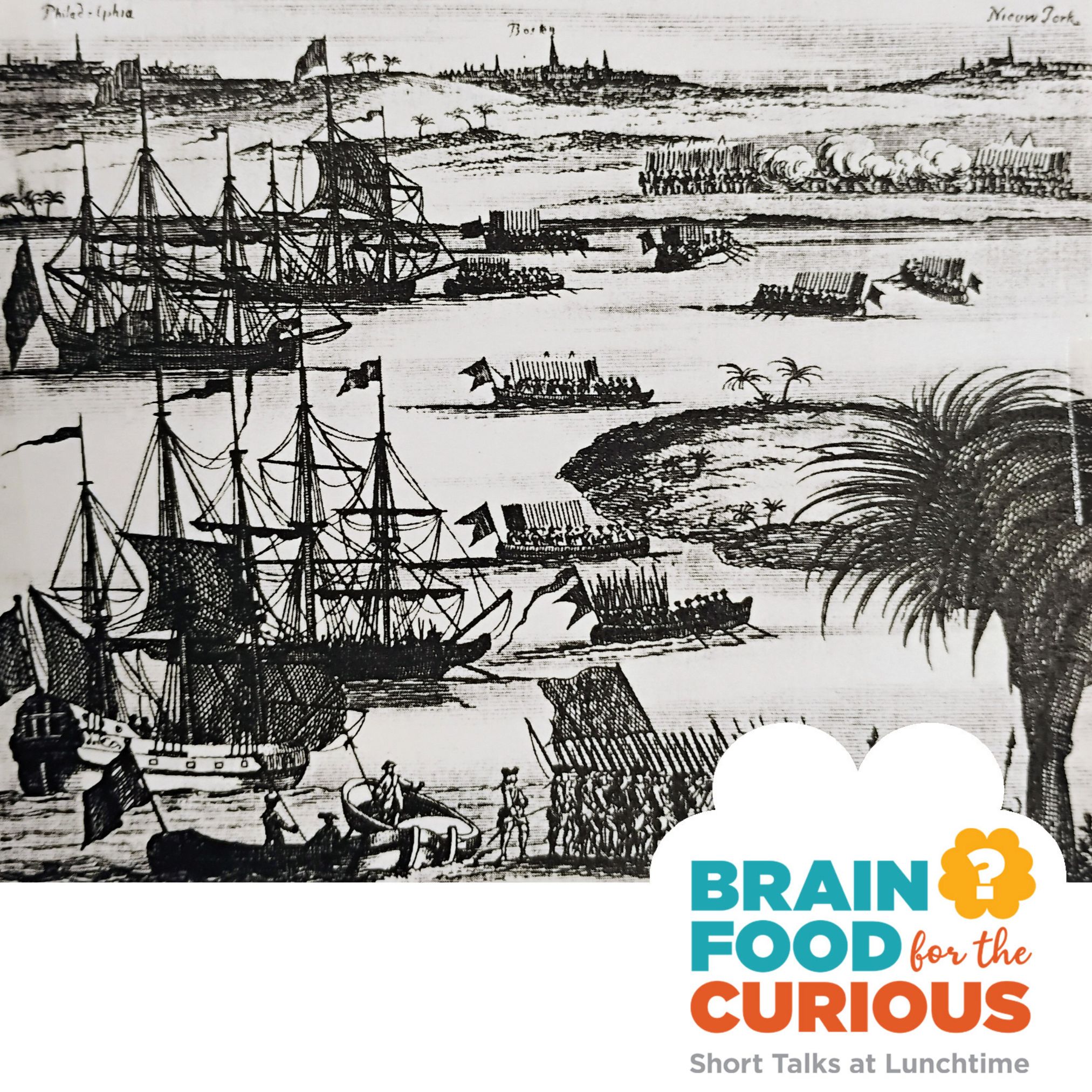 Brainfood title text and black/white illustration of Revolutionary War ships