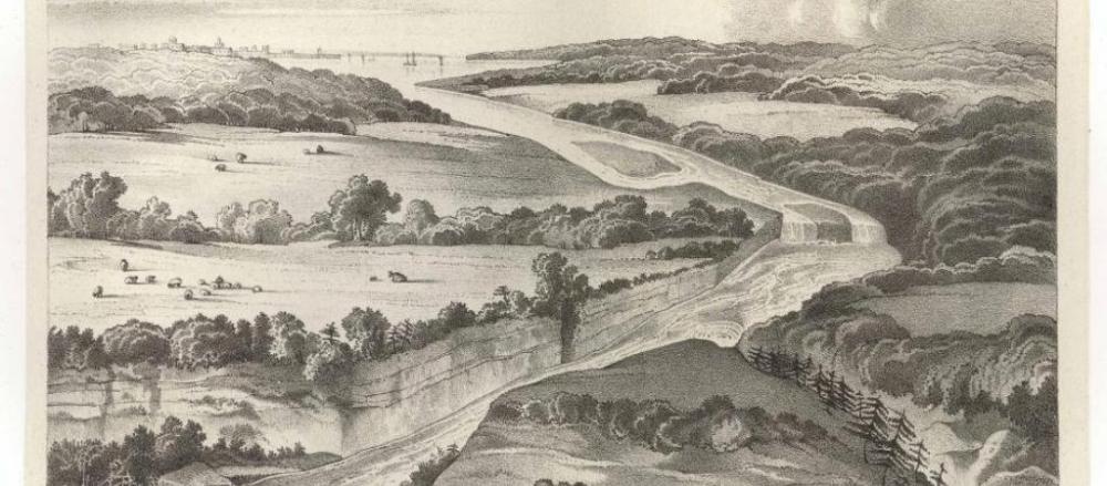  Birdseye view of Niagara Falls Birdseye view of Niagara Falls and the surrounding country. From James Hall, 1843, The Geology of New York, Part 4, Comprising the Geology of the Fourth District. New York State Geological Survey.