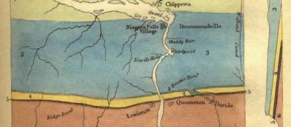  1845 View of Niagara Falls by Lyell Birdseye View of Niagara Falls and Adjacent Country, Colored Geologically. From Sir Charles Lyell, 1845, Travels in North America, with Geological Observations. Lyell, author of The Principles of Geology (1830) is generally considered the father of modern geology. while...